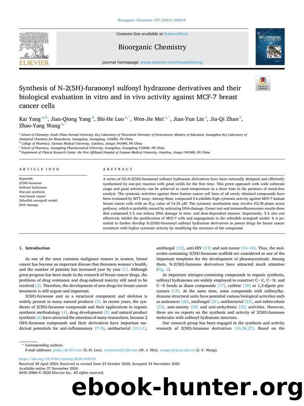 Synthesis of N-2(5H)-furanonyl sulfonyl hydrazone derivatives and their biological evaluation in vitro and in vivo activity against MCF-7 breast cancer cells by Kai Yang & Jian-Qiong Yang & Shi-He Luo & Wen-Jie Mei & Jian-Yun Lin & Jia-Qi Zhan & Zhao-Yang Wang