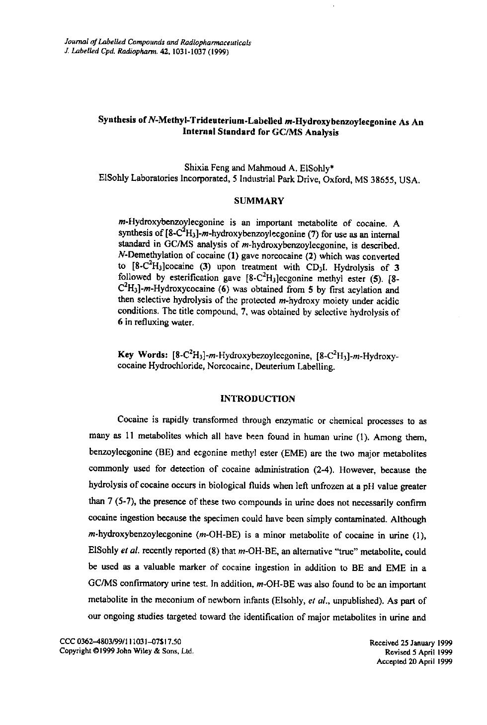 Synthesis of N-methyl-trideuterium-labelled m-hydroxybenzoylecgonine as an internal standard for GCMS analysis by Unknown