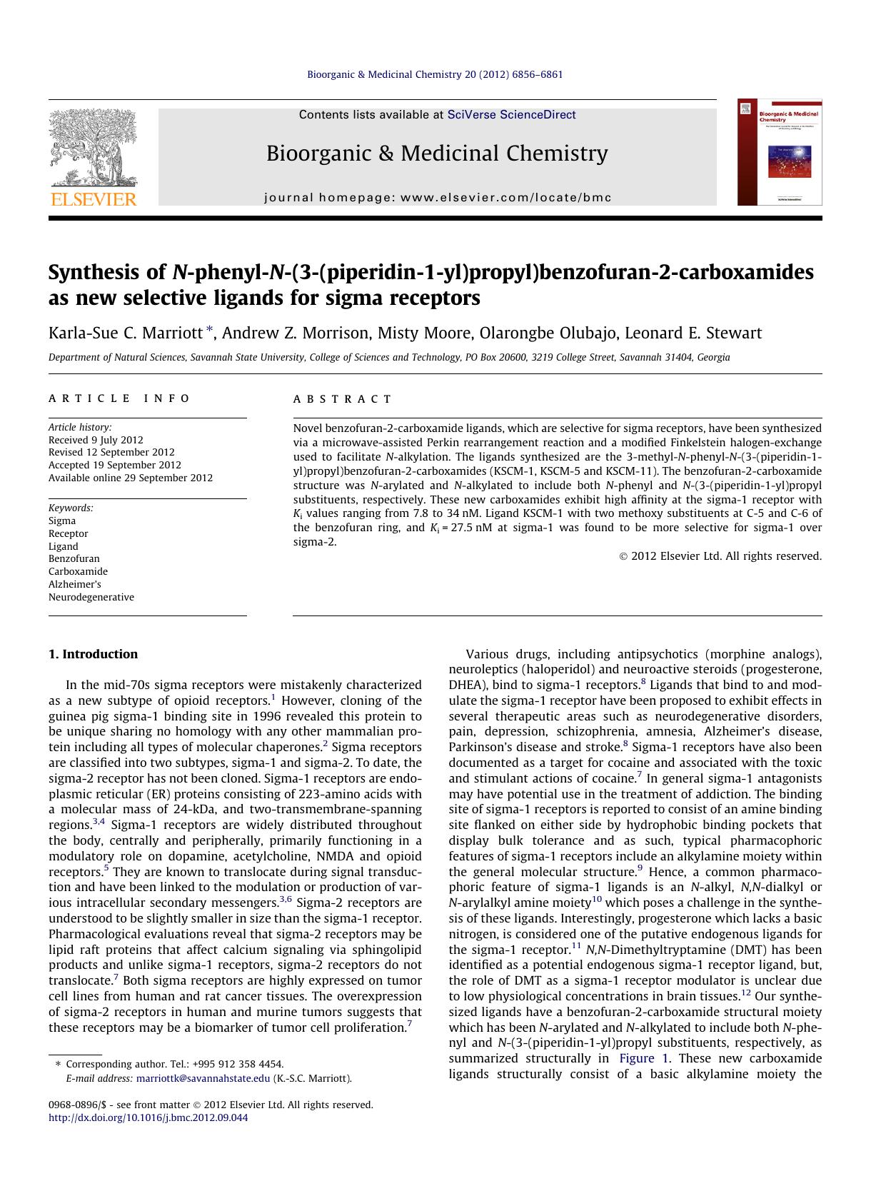 Synthesis of N-phenyl-N-(3-(piperidin-1-yl)propyl)benzofuran-2-carboxamides as new selective ligands for sigma receptors by Karla-Sue C. Marriott & Andrew Z. Morrison & Misty Moore & Olarongbe Olubajo & Leonard E. Stewart