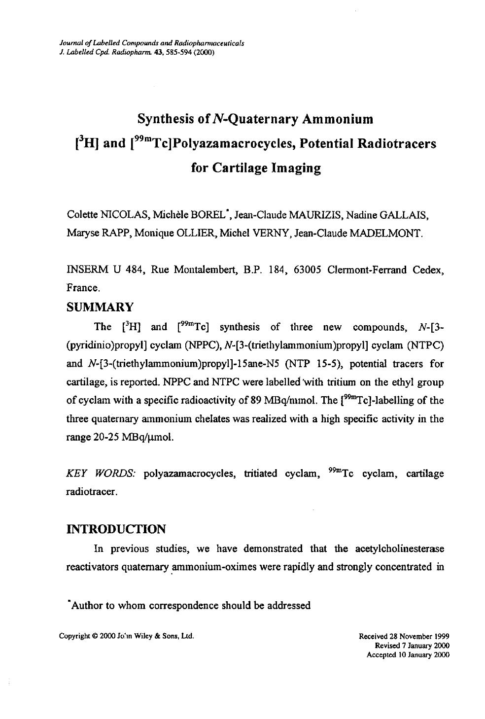 Synthesis of N-quaternary ammonium [3H] and [99mTc]polyazamacrocycles, potential radiotracers for cartilage imaging by Unknown
