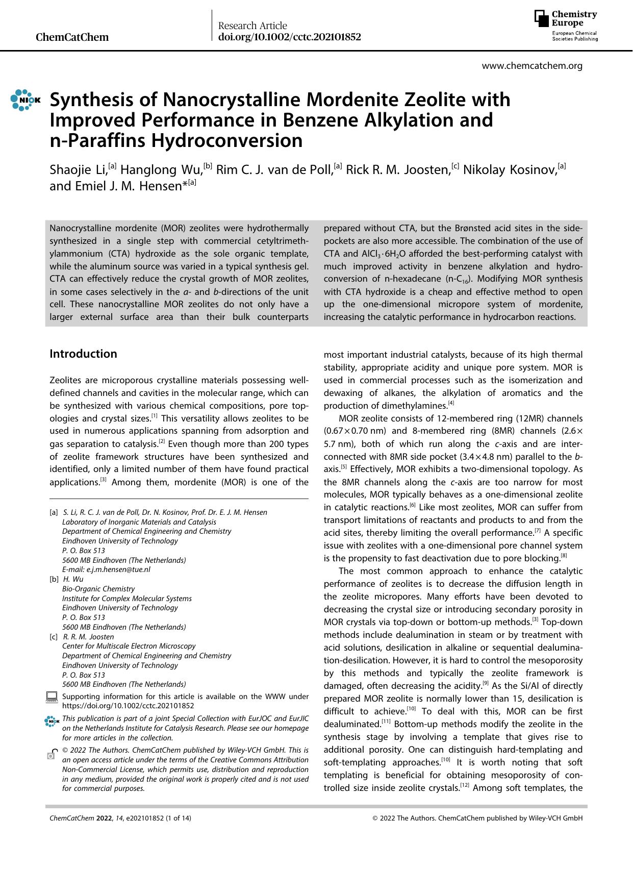 Synthesis of Nanocrystalline Mordenite Zeolite with Improved Performance in Benzene Alkylation and nâParaffins Hydroconversion by Unknown