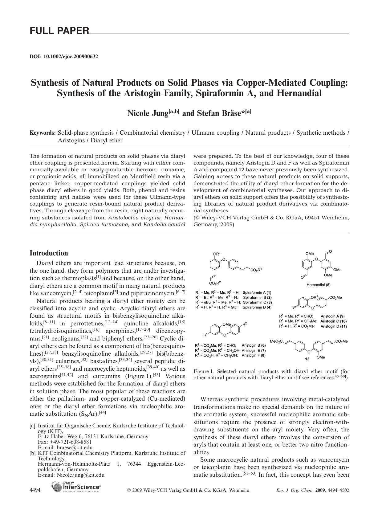 Synthesis of Natural Products on Solid Phases via Copper-Mediated Coupling: Synthesis of the Aristogin Family, Spiraformin A, and Hernandial by Unknown
