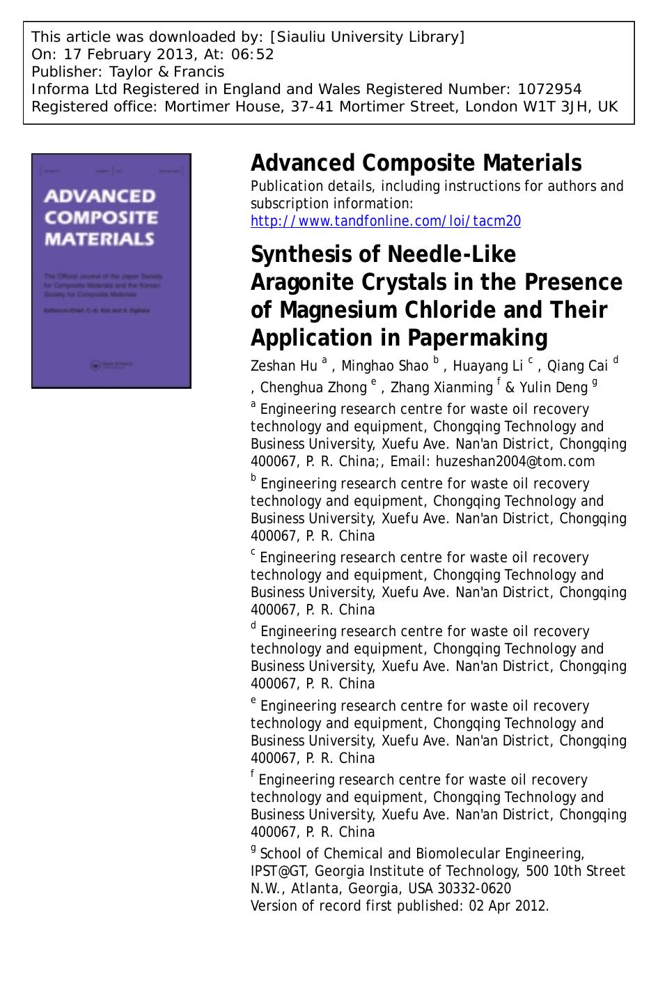 Synthesis of Needle-Like Aragonite Crystals in the Presence of Magnesium Chloride and Their Application in Papermaking by Zeshan Hu Minghao Shao Huayang Li Qiang Cai Chenghua Zhong Zhang Xianming & Yulin Deng