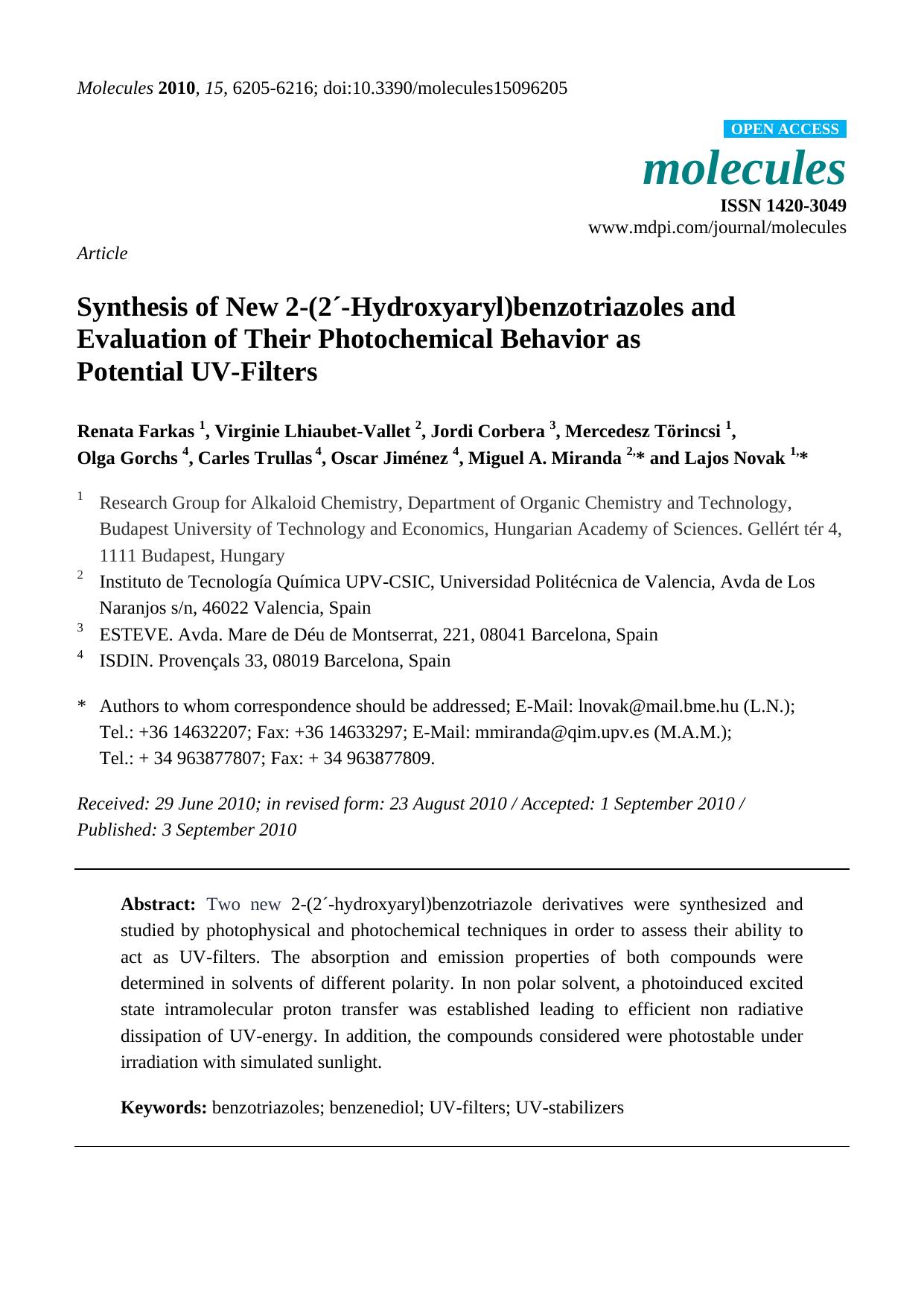 Synthesis of New 2-(2Â´-Hydroxyaryl)benzotriazoles and Evaluation of Their Photochemical Behavior as Potential UV-Filters by unknow