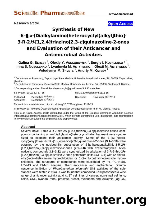 Synthesis of New 6-{[Ï-(Dialkylamino(heterocyclyl)alkyl]thio}- 3-R-2H-[1,2,4]triazino[2,3-c]quinazoline-2-ones and Evaluation of their Anticancer and Antimicrobial Activities by unknow