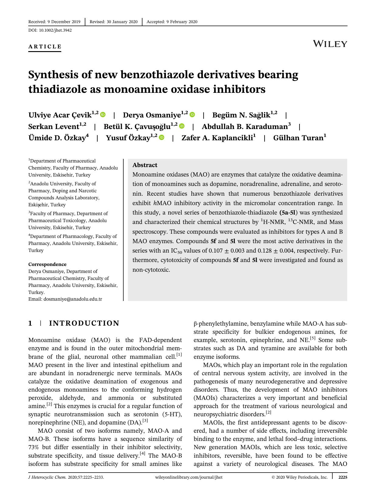 Synthesis of New Benzothiazole Derivatives Bearing Thiadiazole as Monoamine Oxidase Inhibitors by Unknown