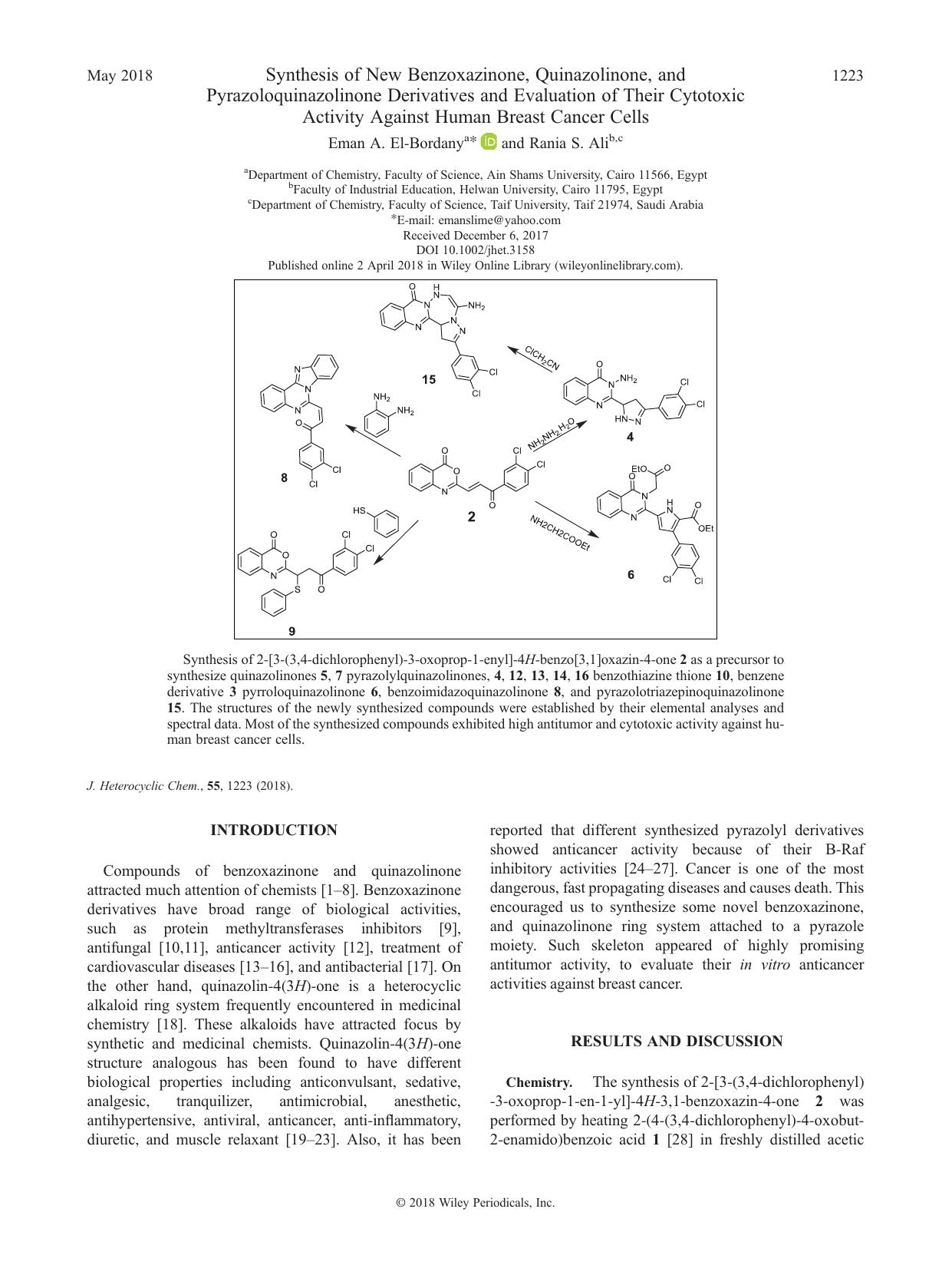Synthesis of New Benzoxazinone, Quinazolinone, and Pyrazoloquinazolinone Derivatives and Evaluation of Their Cytotoxic Activity Against Human Breast Cancer Cells by Eman A. El-Bordany & Rania S. Ali