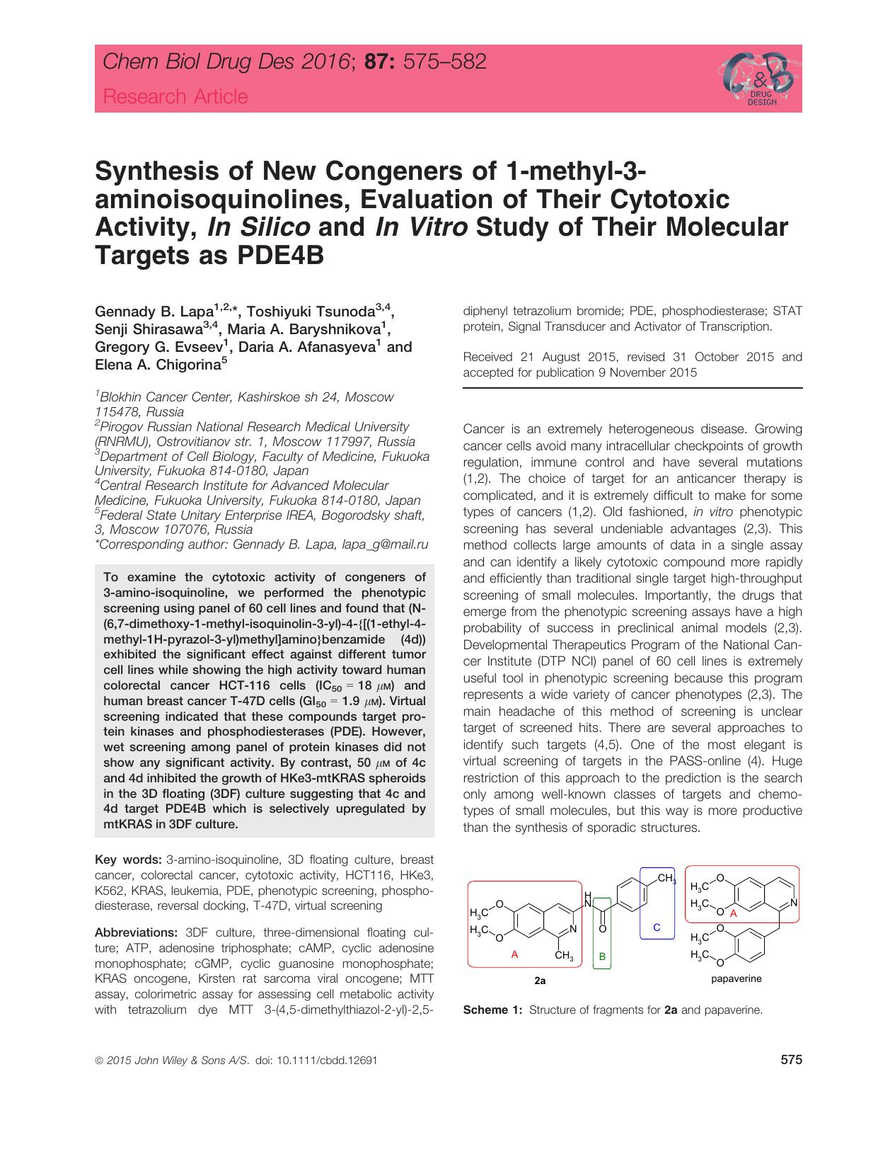 Synthesis of New Congeners of 1‐methyl‐3‐aminoisoquinolines, Evaluation of Their Cytotoxic Activity, In Silico and In Vitro Study of Their Molecular Targets as PDE4B by unknow