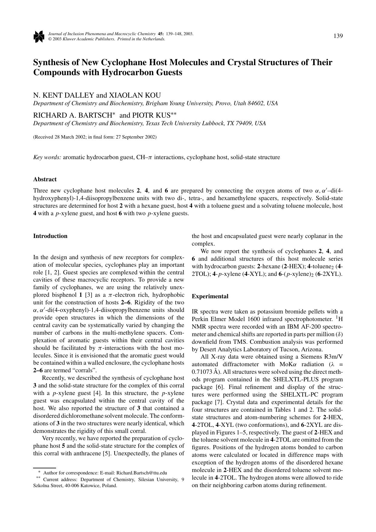 Synthesis of New Cyclophane Host Molecules and Crystal Structures of Their Compounds with Hydrocarbon Guests by Unknown