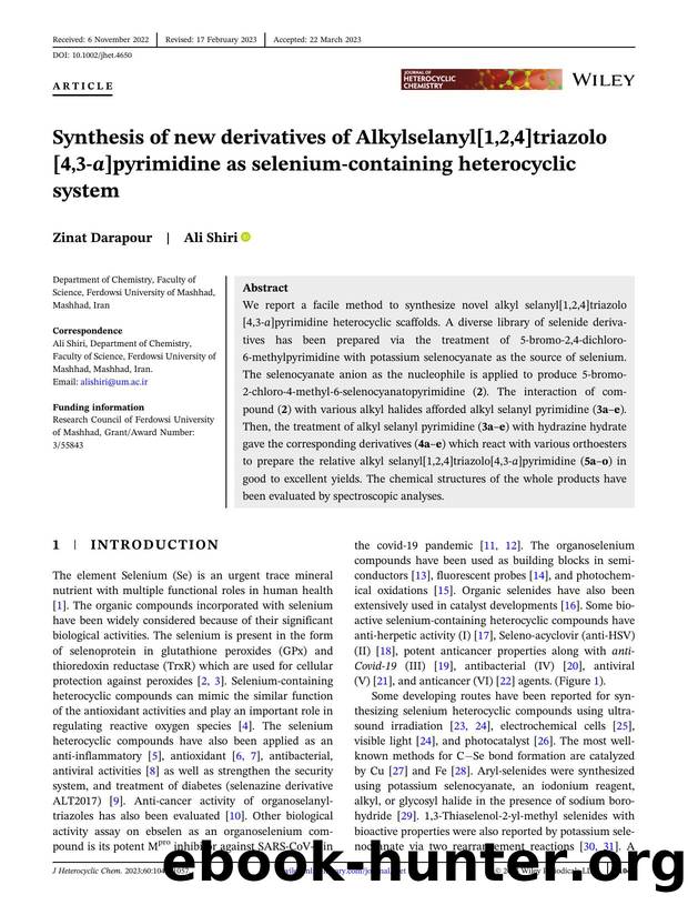 Synthesis of New Derivatives of Alkylselanyl[1,2,4]triazolo[4,3â a ]pyrimidine as SeleniumâContaining Heterocyclic System by Unknown