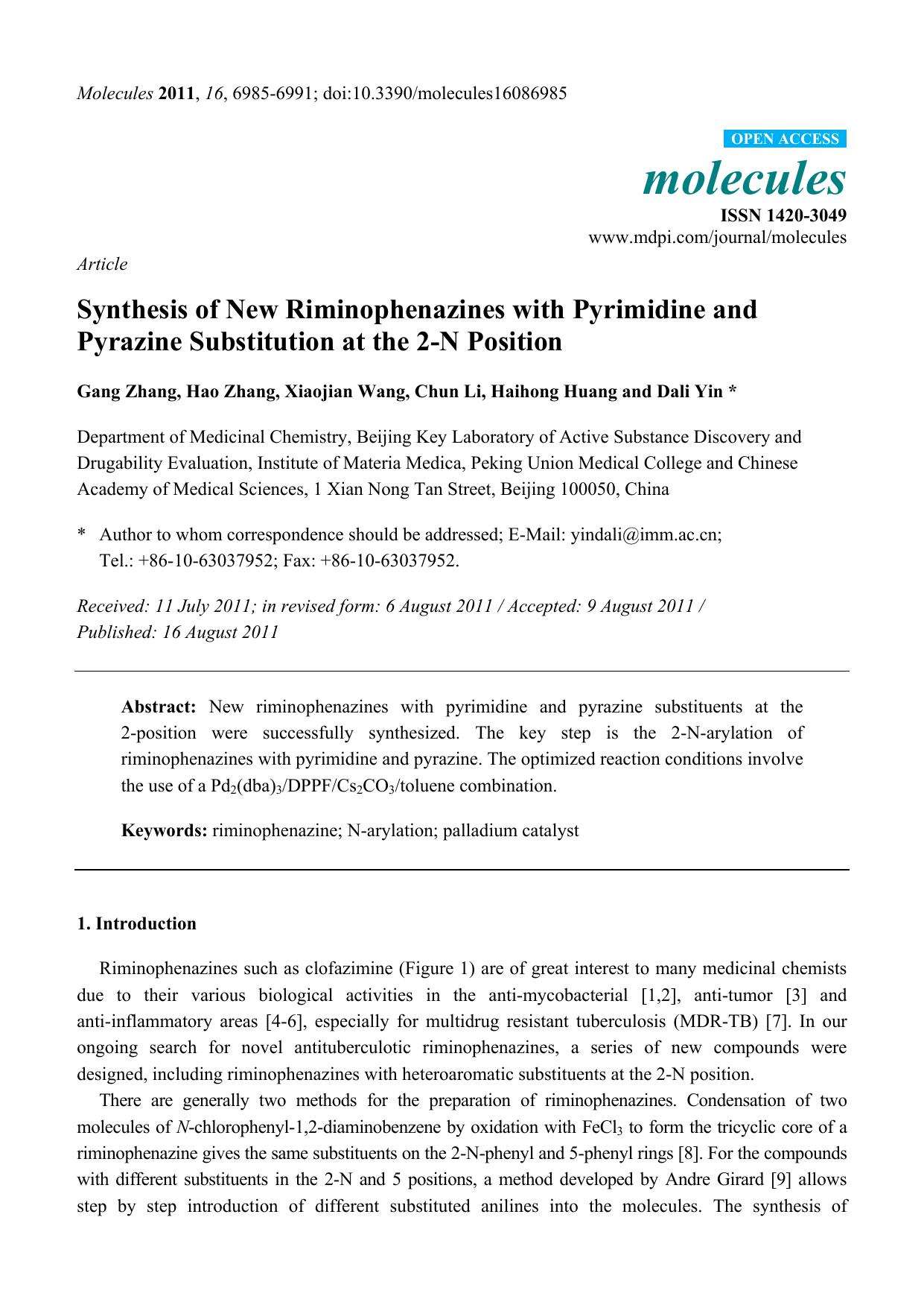 Synthesis of New Riminophenazines with Pyrimidine and Pyrazine Substitution at the 2-N Position by Gang Zhang & Hao Zhang & Xiaojian Wang & Chun Li & Haihong Huang & Dali Yin