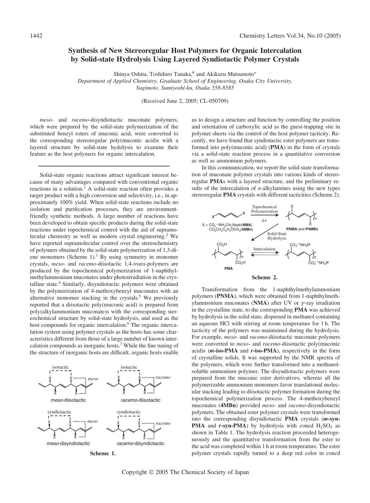 Synthesis of New Stereoregular Host Polymers for Organic Intercalation by Solid-state Hydrolysis Using Layered Syndiotactic Polymer Crystals by Shinya Oshita Toshihiro Tanaka and Akikazu Matsumoto