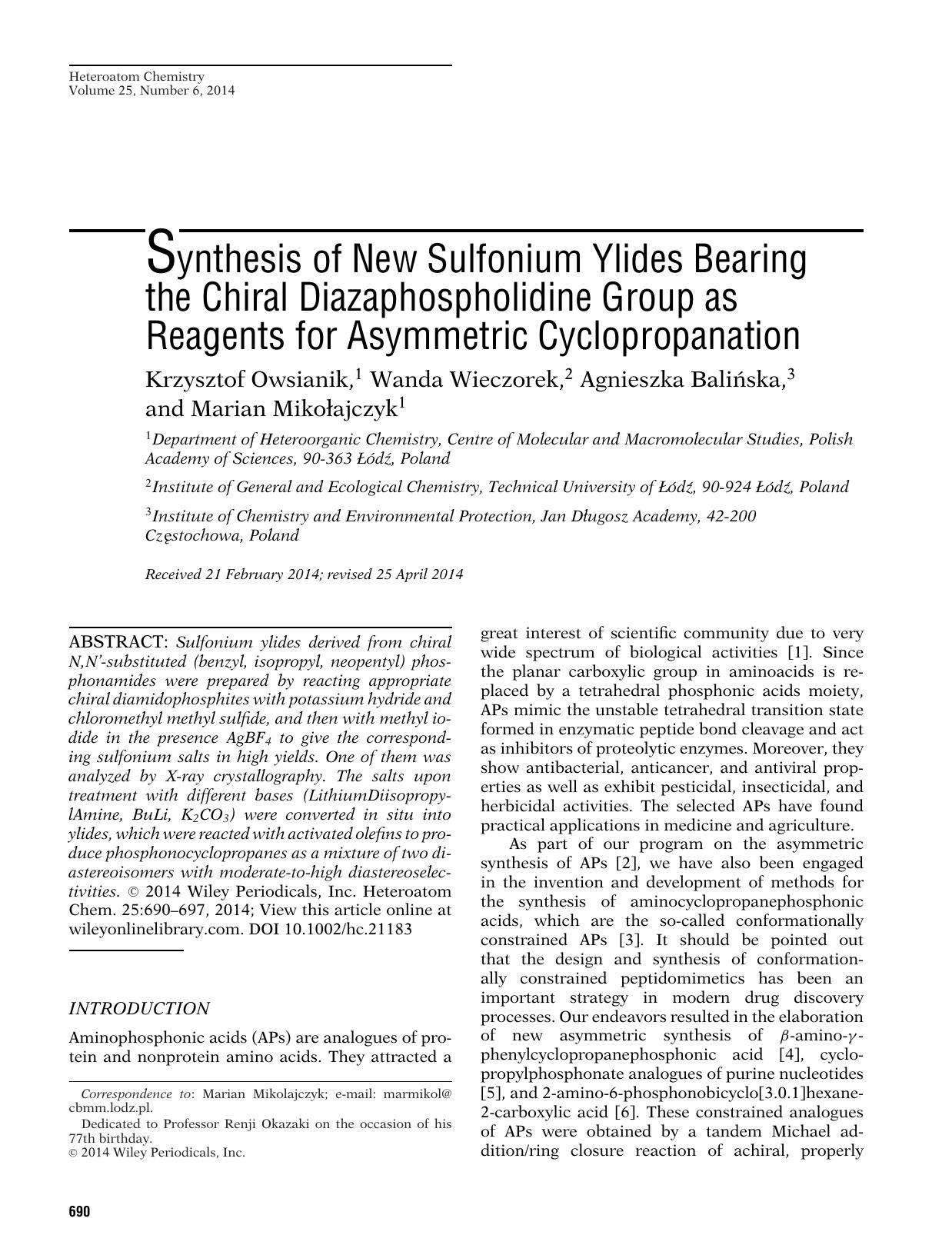 Synthesis of New Sulfonium Ylides Bearing the Chiral Diazaphospholidine Group as Reagents for Asymmetric Cyclopropanation by Unknown