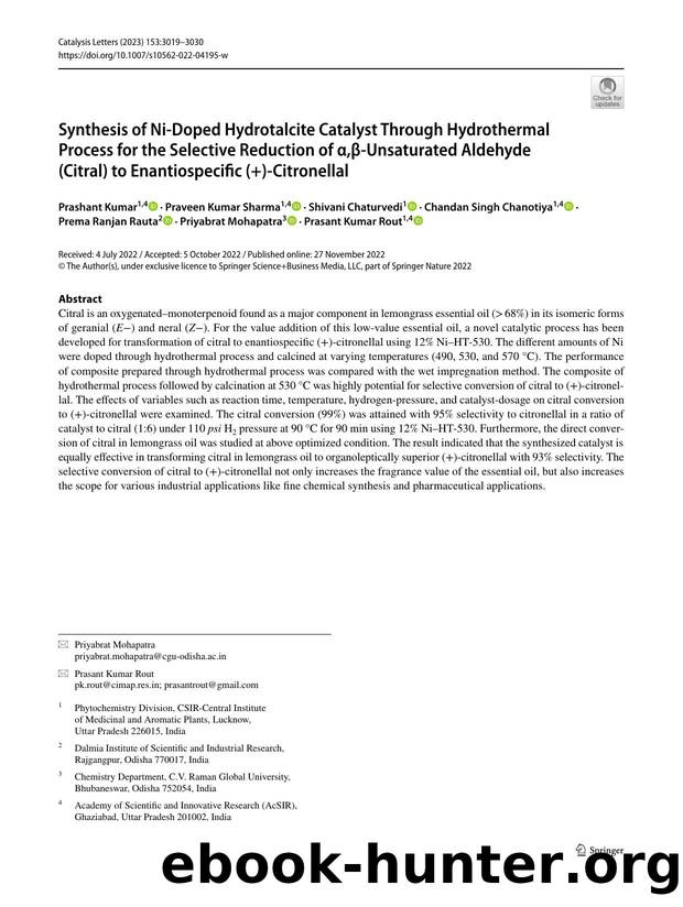 Synthesis of Ni-Doped Hydrotalcite Catalyst Through Hydrothermal Process for the Selective Reduction of Î±,Î²-Unsaturated Aldehyde (Citral) to Enantiospecific (+)-Citronellal by unknow