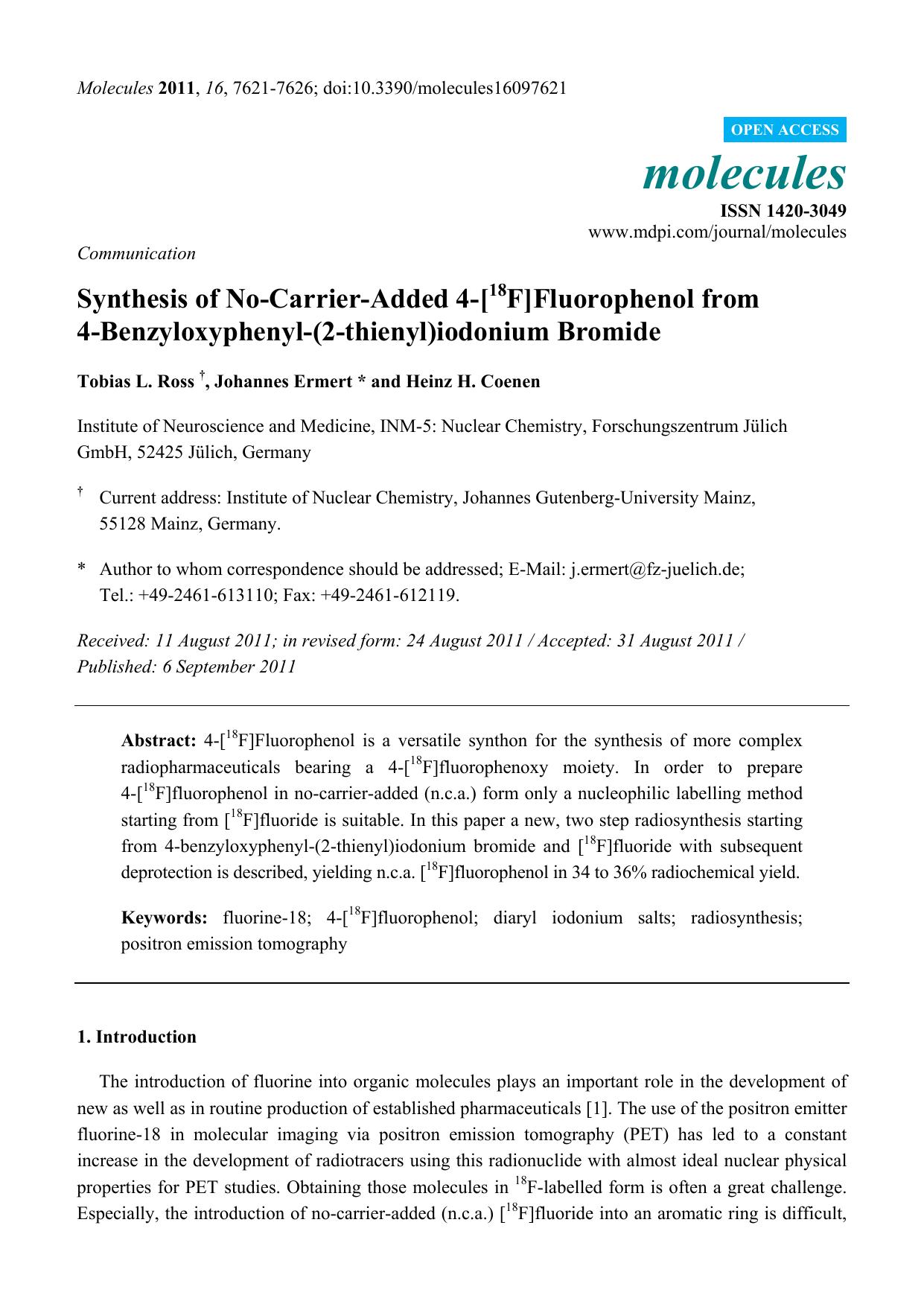 Synthesis of No-Carrier-Added 4-[18F]Fluorophenol from 4-Benzyloxyphenyl-(2-thienyl)iodonium Bromide by Tobias L. Ross & Johannes Ermert & Heinz H. Coenen