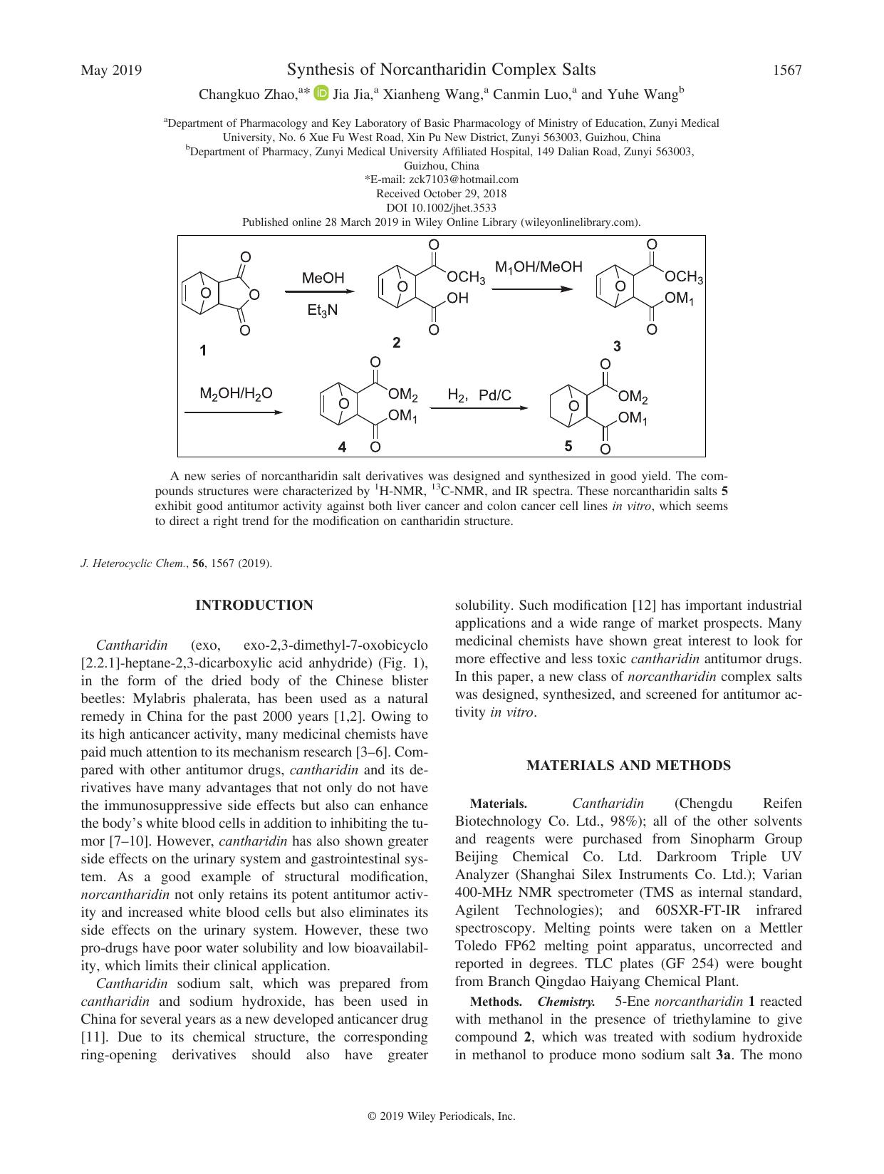 Synthesis of Norcantharidin Complex Salts by Changkuo Zhao Jia Jia Xianheng Wang Canmin Luo Yuhe Wang