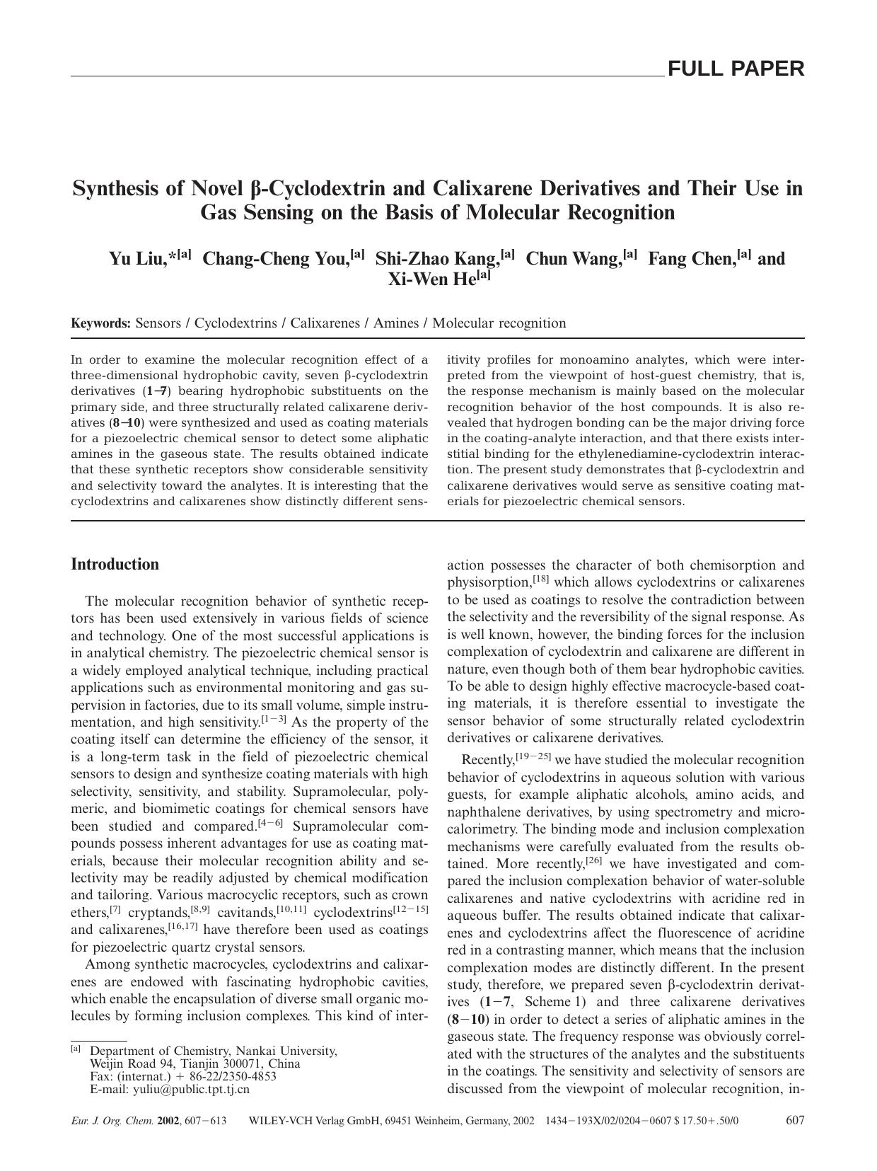 Synthesis of Novel [beta]-Cyclodextrin and Calixarene Derivatives and Their Use in Gas Sensing on the Basis of Molecular Recognition by Unknown