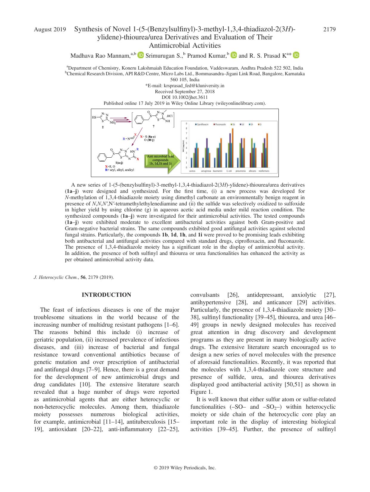 Synthesis of Novel 1-(5-(Benzylsulfinyl)-3-methyl-1,3,4-thiadiazol-2(3H)-ylidene)-thioureaurea Derivatives and Evaluation of Their Antimicrobial Activities by Madhava Rao Mannam Srimurugan S. Pramod Kumar R. S. Prasad K