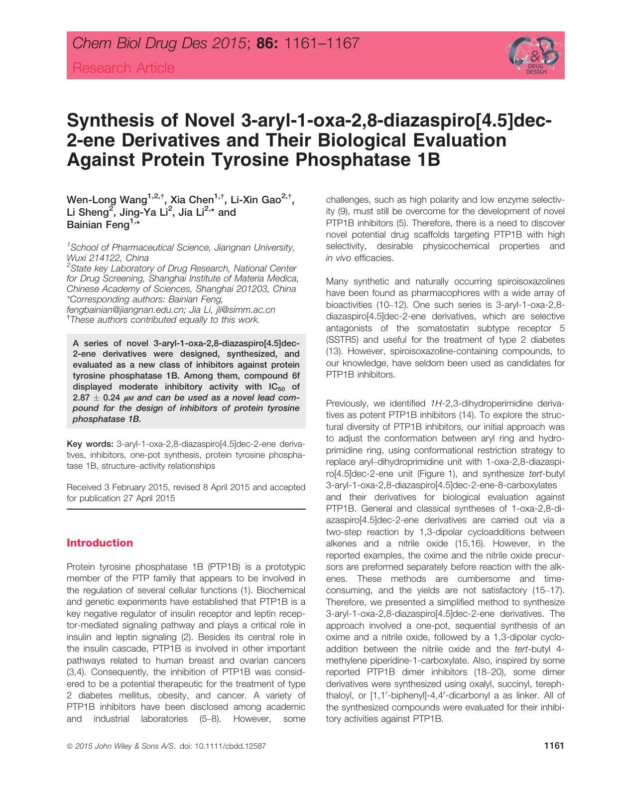 Synthesis of Novel 3‐aryl‐1‐oxa‐2,8‐diazaspiro[4.5]dec‐2‐ene Derivatives and Their Biological Evaluation Against Protein Tyrosine Phosphatase 1B by unknow