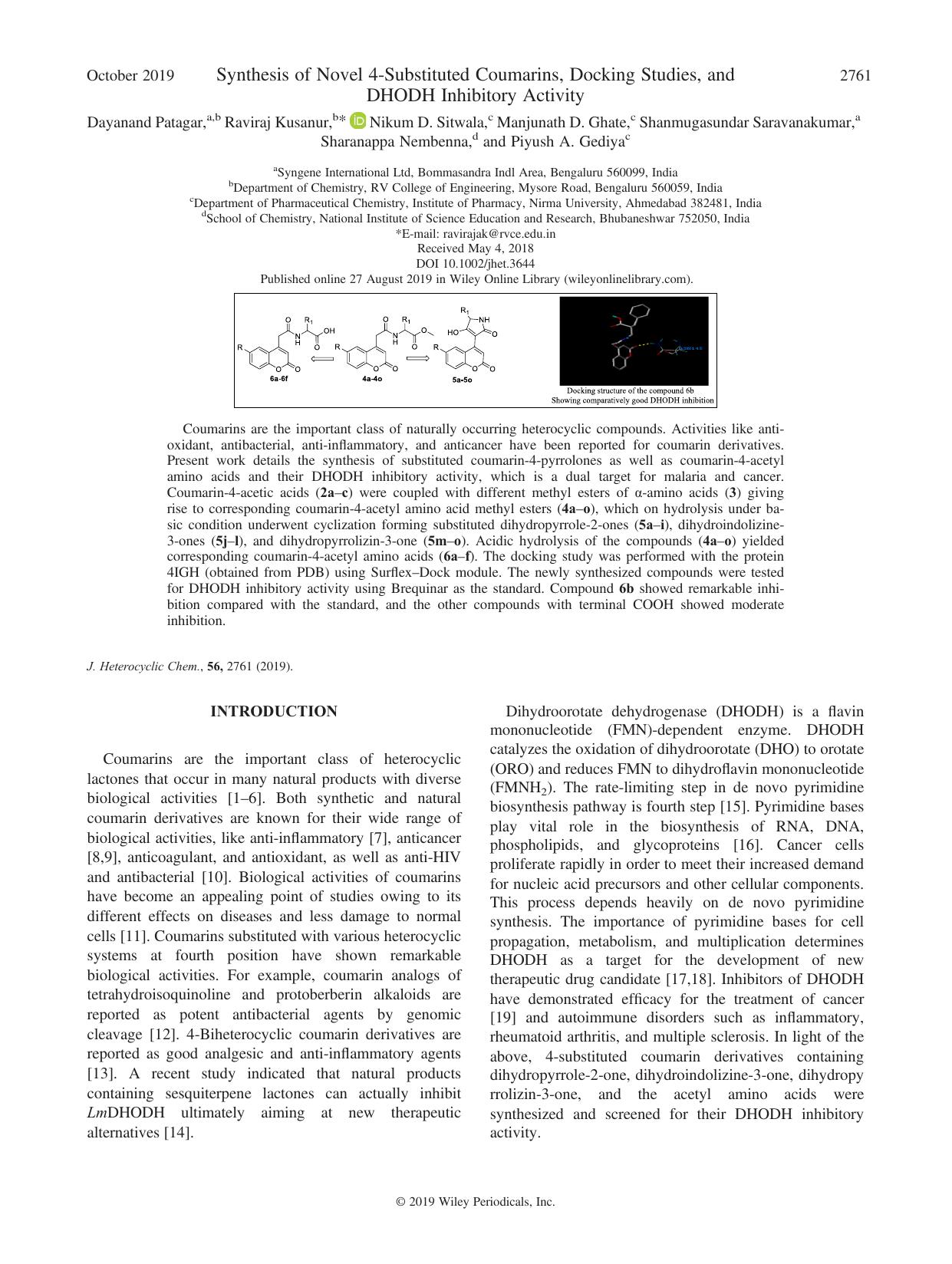 Synthesis of Novel 4âSubstituted Coumarins, Docking Studies, and DHODH Inhibitory Activity by unknow