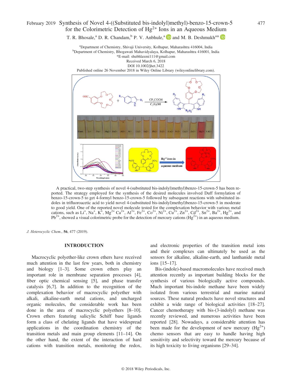 Synthesis of Novel 4-((Substituted bis-indolyl)methyl)-benzo-15-crown-5 for the Colorimetric Detection of Hg2+ Ions in an Aqueous Medium by T. R. Bhosale D. R. Chandam P. V. Anbhule M. B. Deshmukh