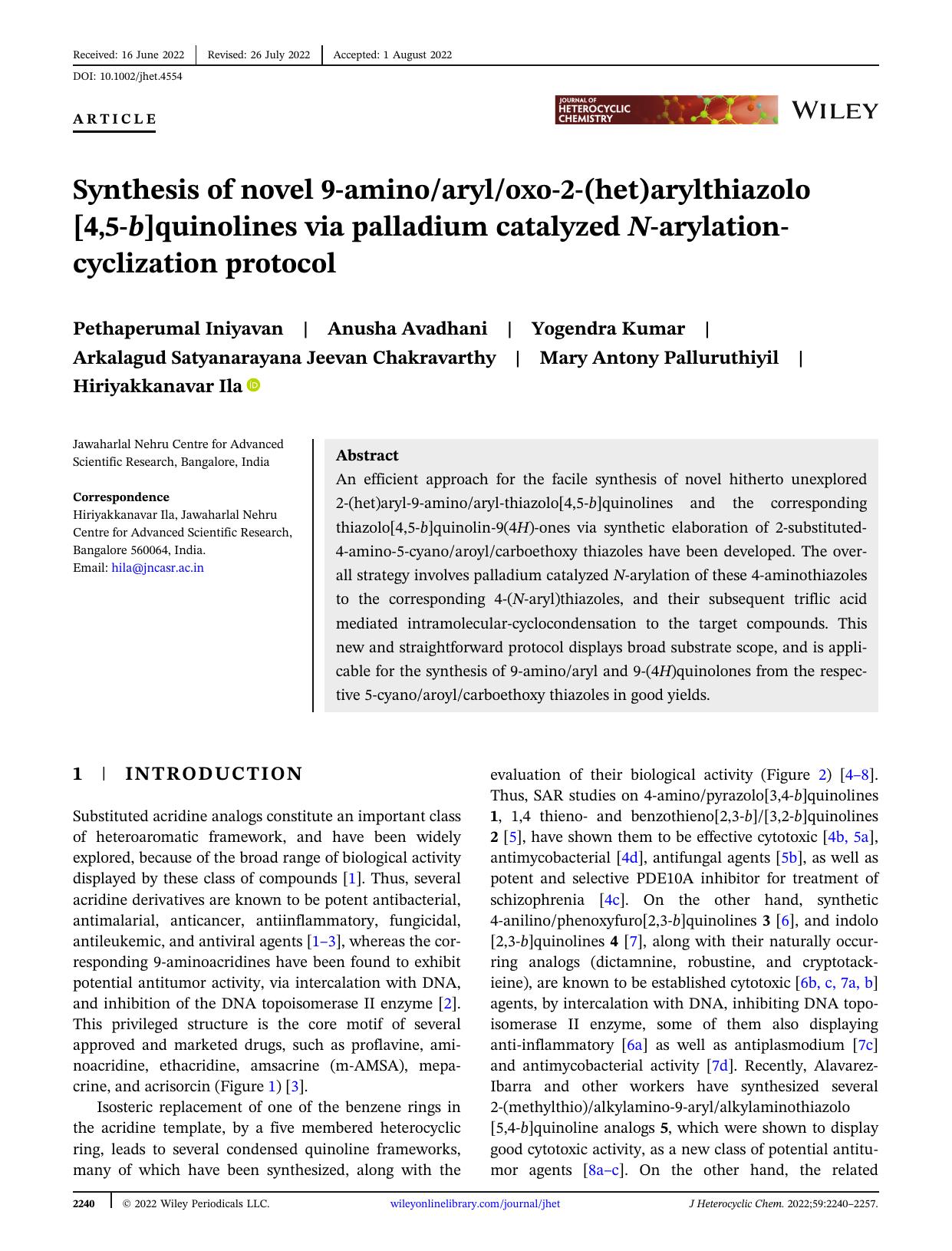 Synthesis of Novel 9-Aminoaryloxo-2-(het)arylthiazolo[4,5- b ]quinolines via Palladium Catalyzed N -Arylation-cyclization Protocol by Unknown