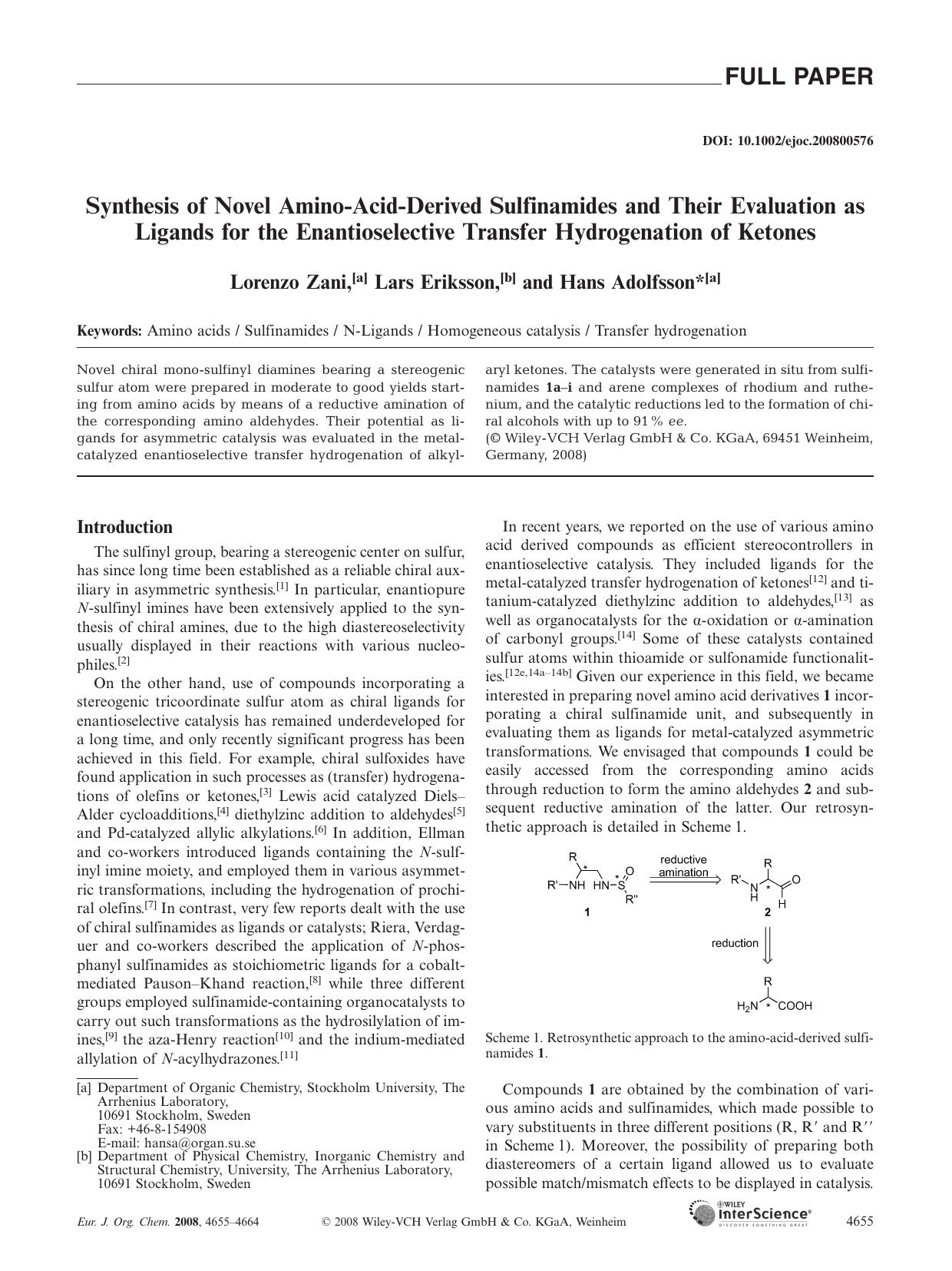 Synthesis of Novel Amino-Acid-Derived Sulfinamides and Their Evaluation as Ligands for the Enantioselective Transfer Hydrogenation of Ketones by Unknown