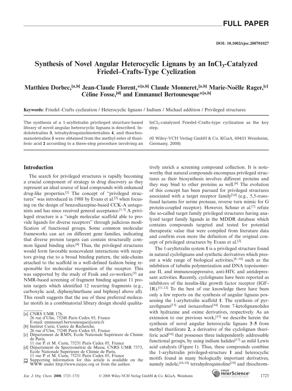 Synthesis of Novel Angular Heterocyclic Lignans by an InCl3-Catalyzed Friedel-Crafts-Type Cyclization by Unknown