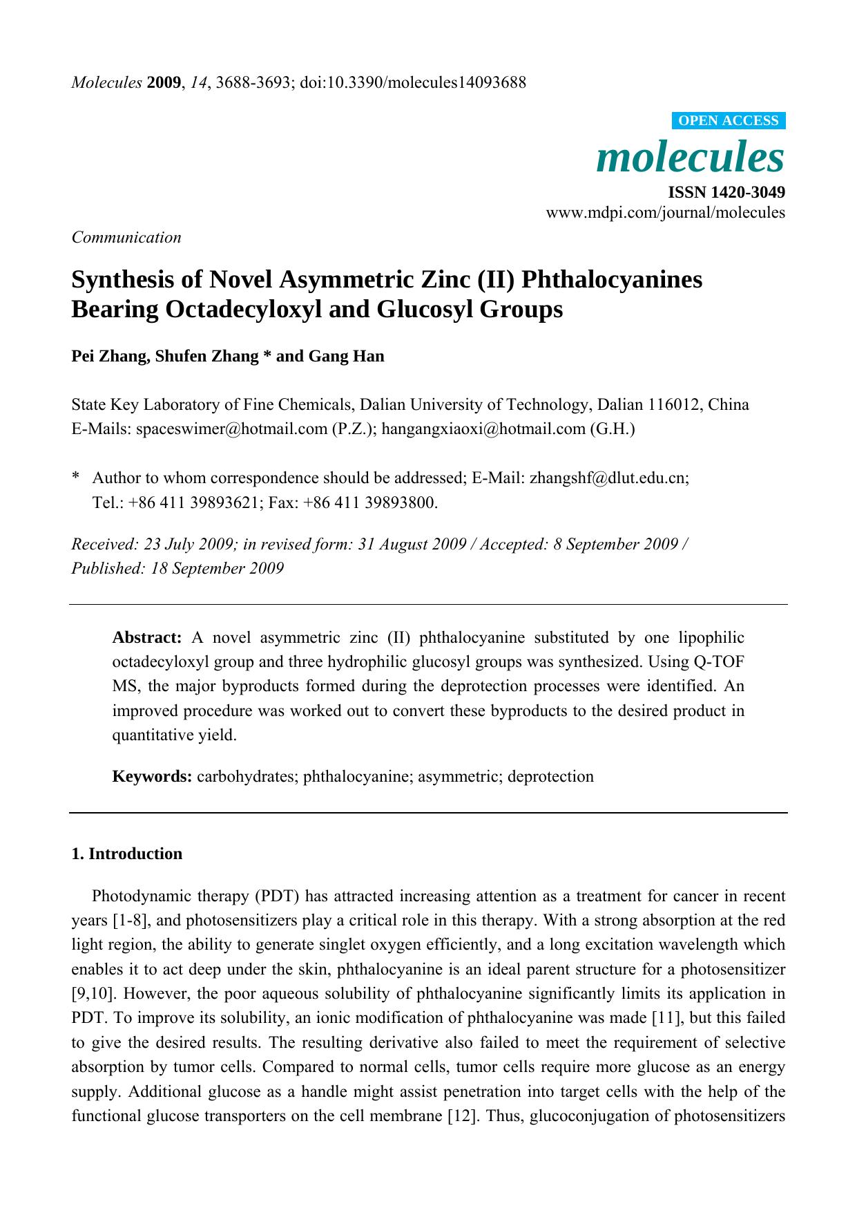 Synthesis of Novel Asymmetric Zinc (II) Phthalocyanines Bearing Octadecyloxyl and Glucosyl Groups by Pei Zhang & Shufen Zhang & Gang Han