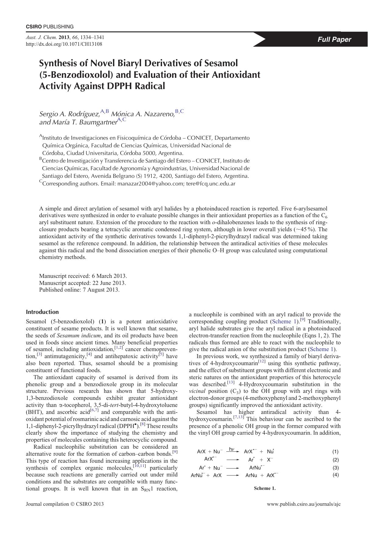 Synthesis of Novel Biaryl Derivatives of Sesamol (5-Benzodioxolol) and Evaluation of their Antioxidant Activity Against DPPH Radical by S. A. Rodríguez & M. A. Nazareno & and M. T. Baumgartner