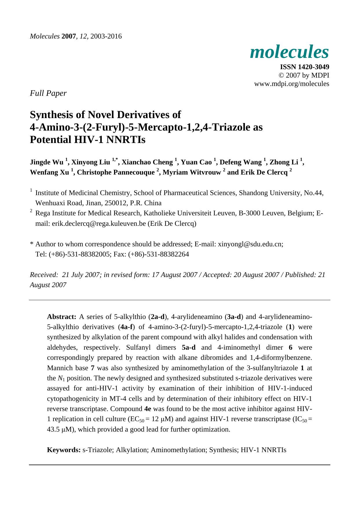 Synthesis of Novel Derivatives of 4-Amino-3-(2-Furyl)-5-Mercapto-1,2,4-Triazole as Potential HIV-1 NNRTIs by unknow