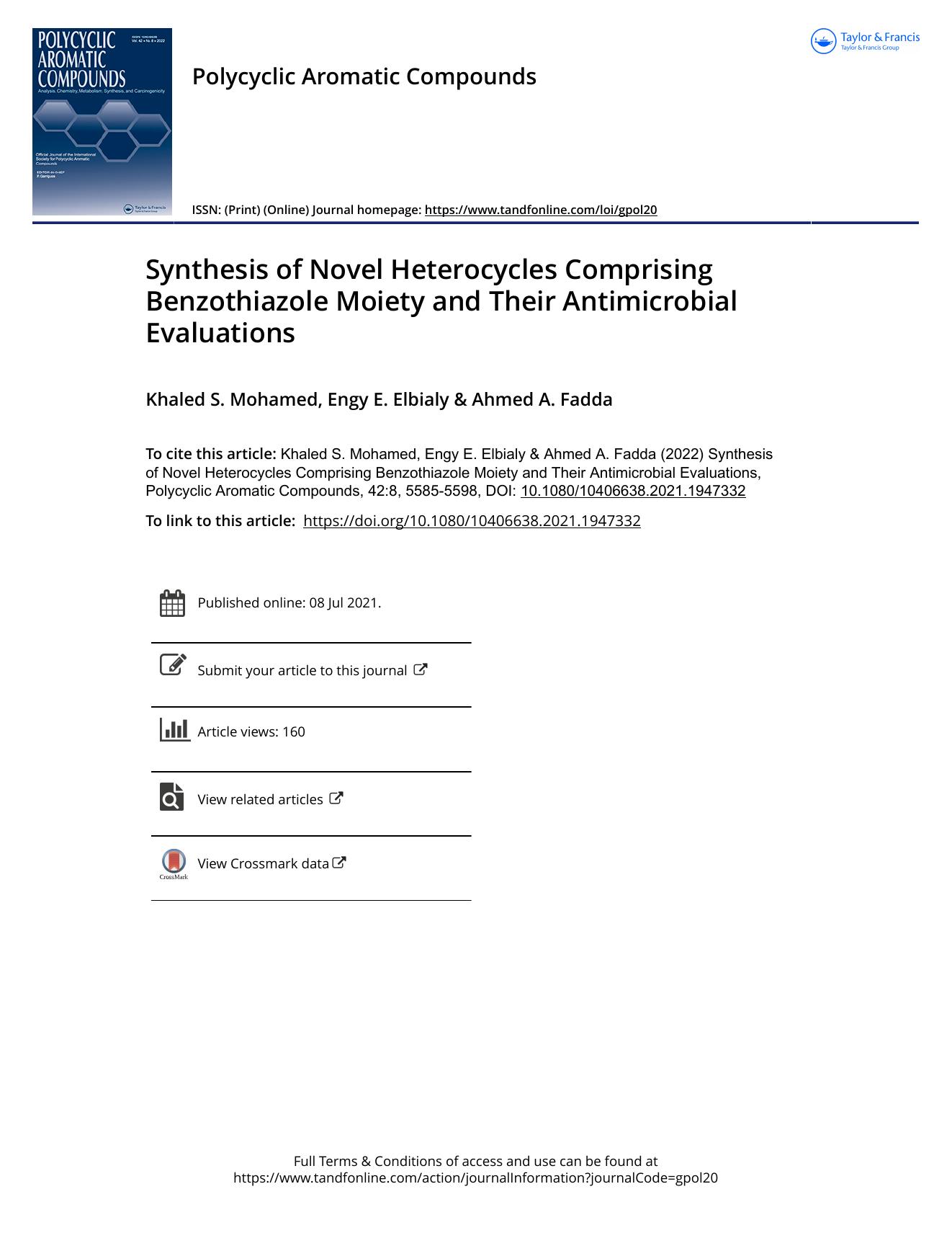 Synthesis of Novel Heterocycles Comprising Benzothiazole Moiety and Their Antimicrobial Evaluations by Mohamed Khaled S. & Elbialy Engy E. & Fadda Ahmed A