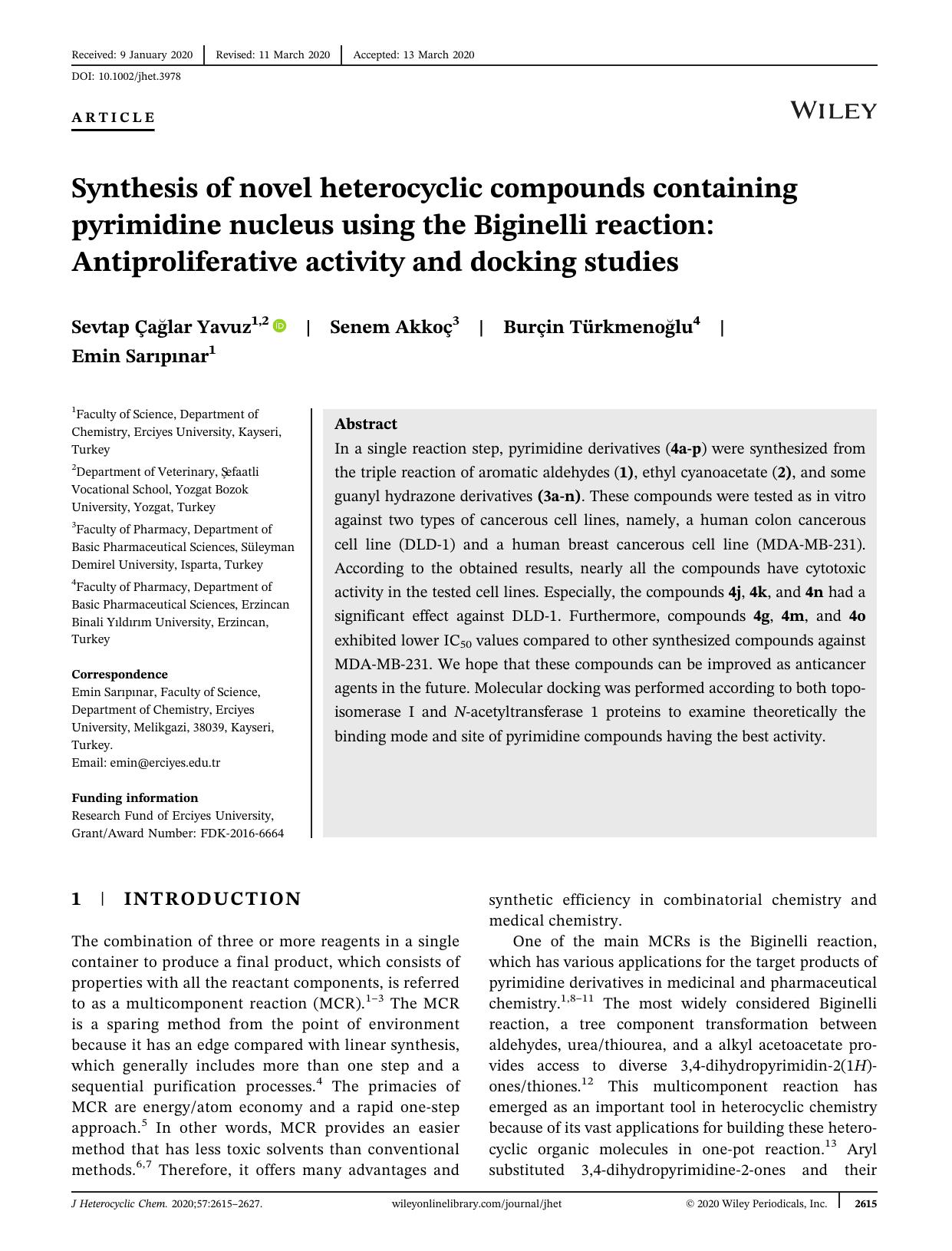 Synthesis of Novel Heterocyclic Compounds Containing Pyrimidine Nucleus Using the Biginelli Reaction: Antiproliferative Activity and Docking Studies by Unknown
