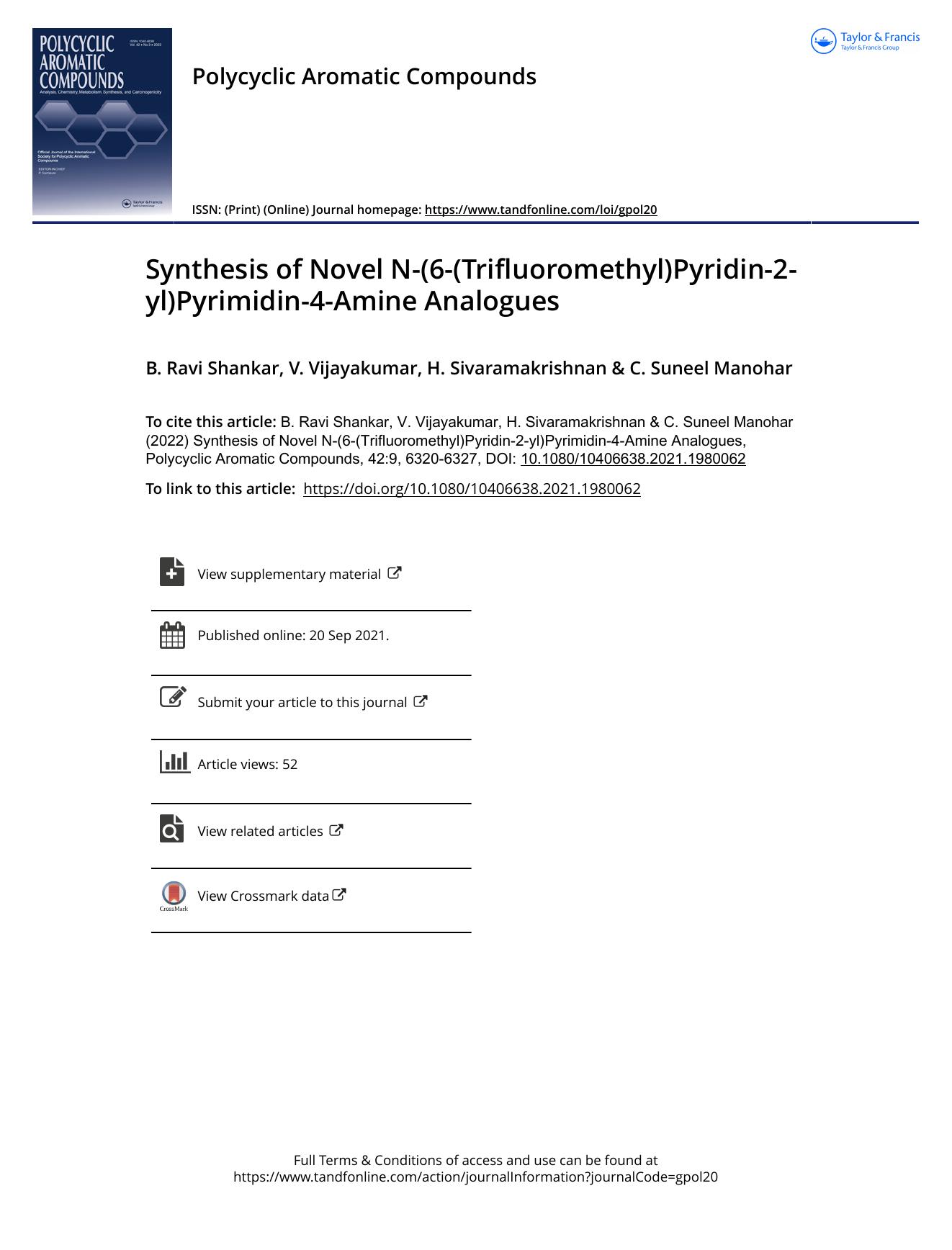 Synthesis of Novel N-(6-(Trifluoromethyl)Pyridin-2-yl)Pyrimidin-4-Amine Analogues by Ravi Shankar B. & Vijayakumar V. & Sivaramakrishnan H. & Suneel Manohar C