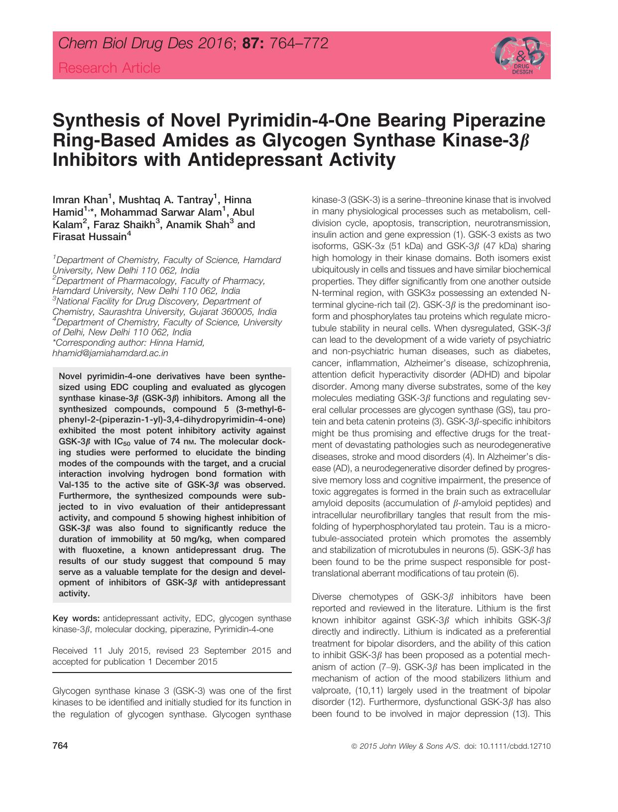 Synthesis of Novel Pyrimidin&#x2010;4&#x2010;One Bearing Piperazine Ring&#x2010;Based Amides as Glycogen Synthase Kinase&#x2010;3&#x03B2; Inhibitors with Antidepressant Activity by unknow