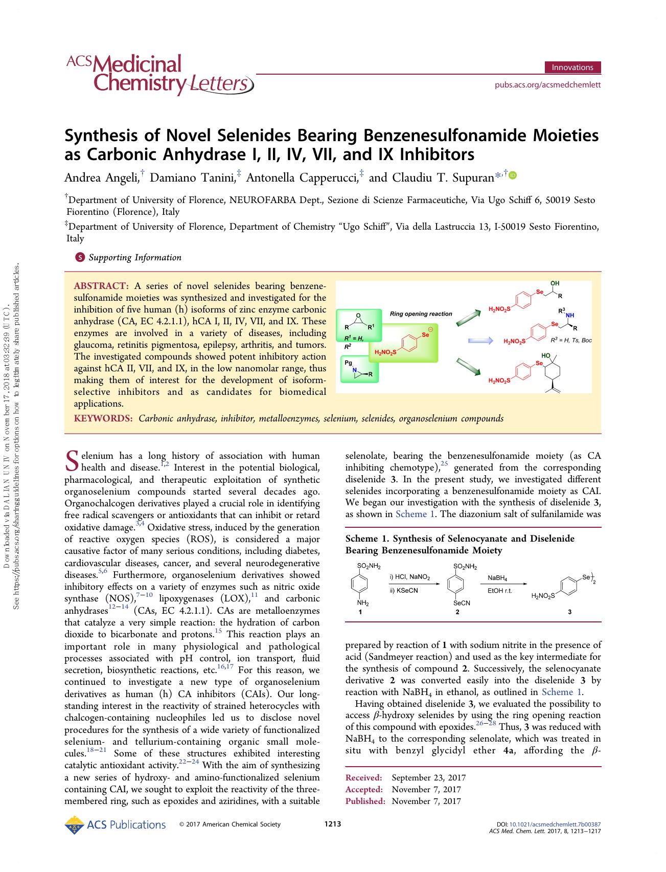Synthesis of Novel Selenides Bearing Benzenesulfonamide Moieties as Carbonic Anhydrase I, II, IV, VII, and IX Inhibitors by Andrea Angeli Damiano Tanini Antonella Capperucci & Claudiu T. Supuran