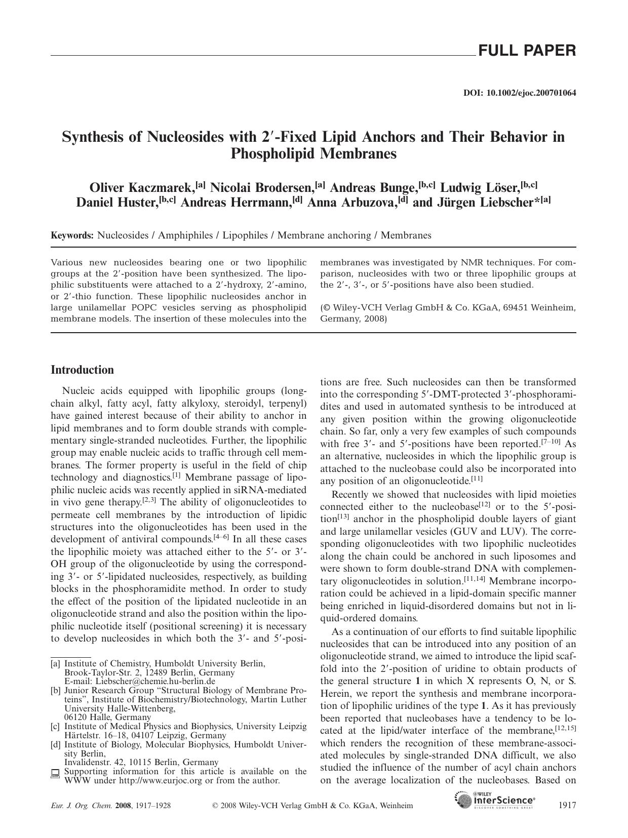 Synthesis of Nucleosides with 2[prime]-Fixed Lipid Anchors and Their Behavior in Phospholipid Membranes by Unknown