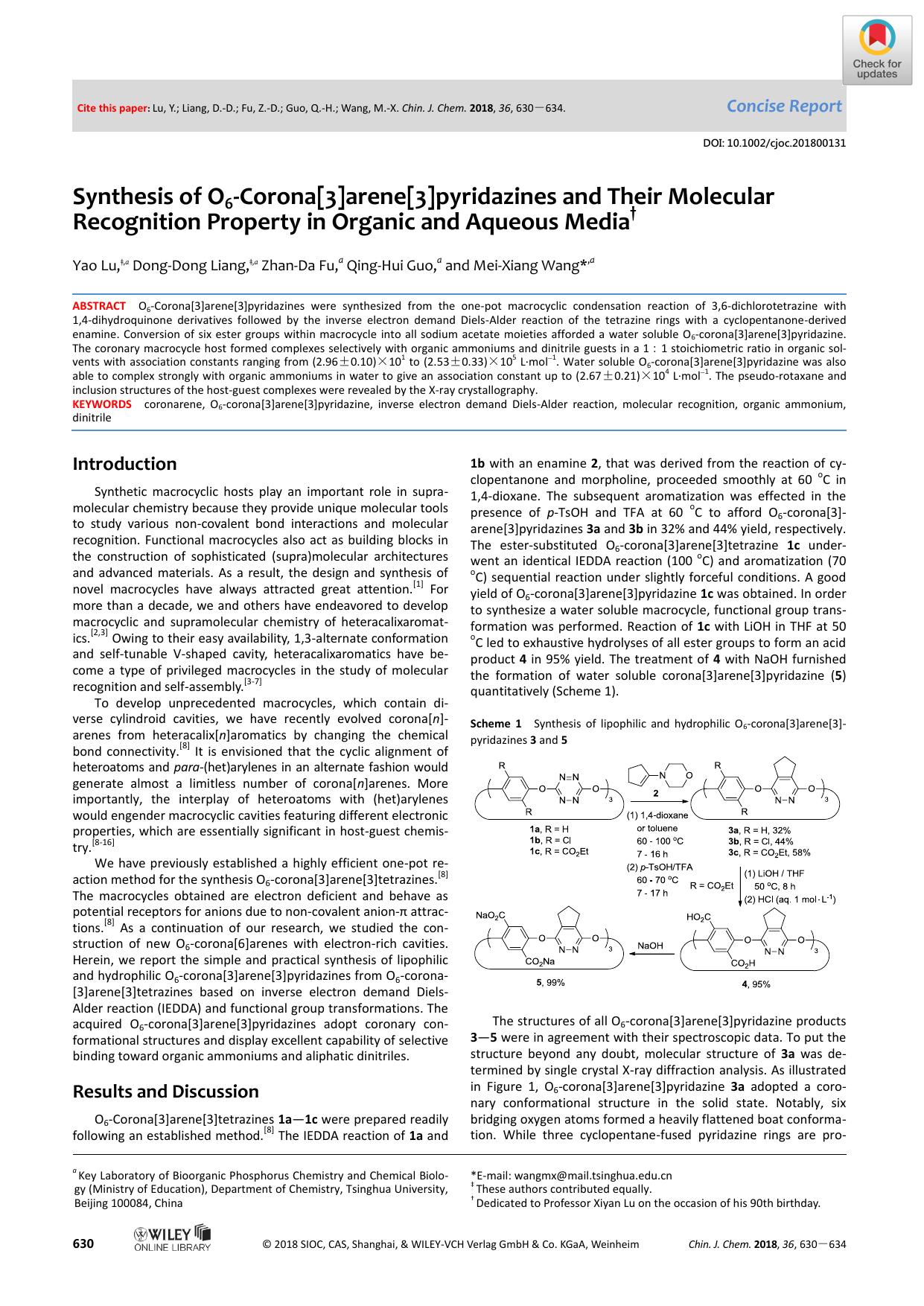 Synthesis of O6âCorona[3]arene[3]pyridazines and Their Molecular Recognition Property in Organic and Aqueous Media by Unknown