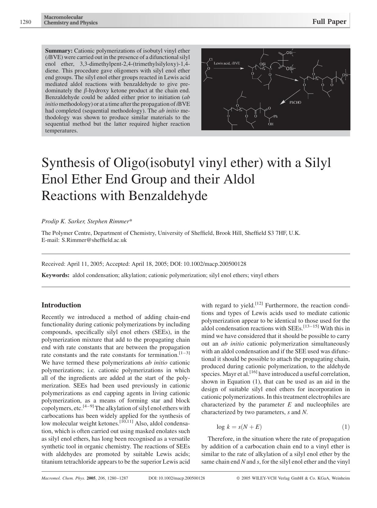 Synthesis of Oligo(isobutyl vinyl ether) with a Silyl Enol Ether End Group and their Aldol Reactions with Benzaldehyde by Unknown