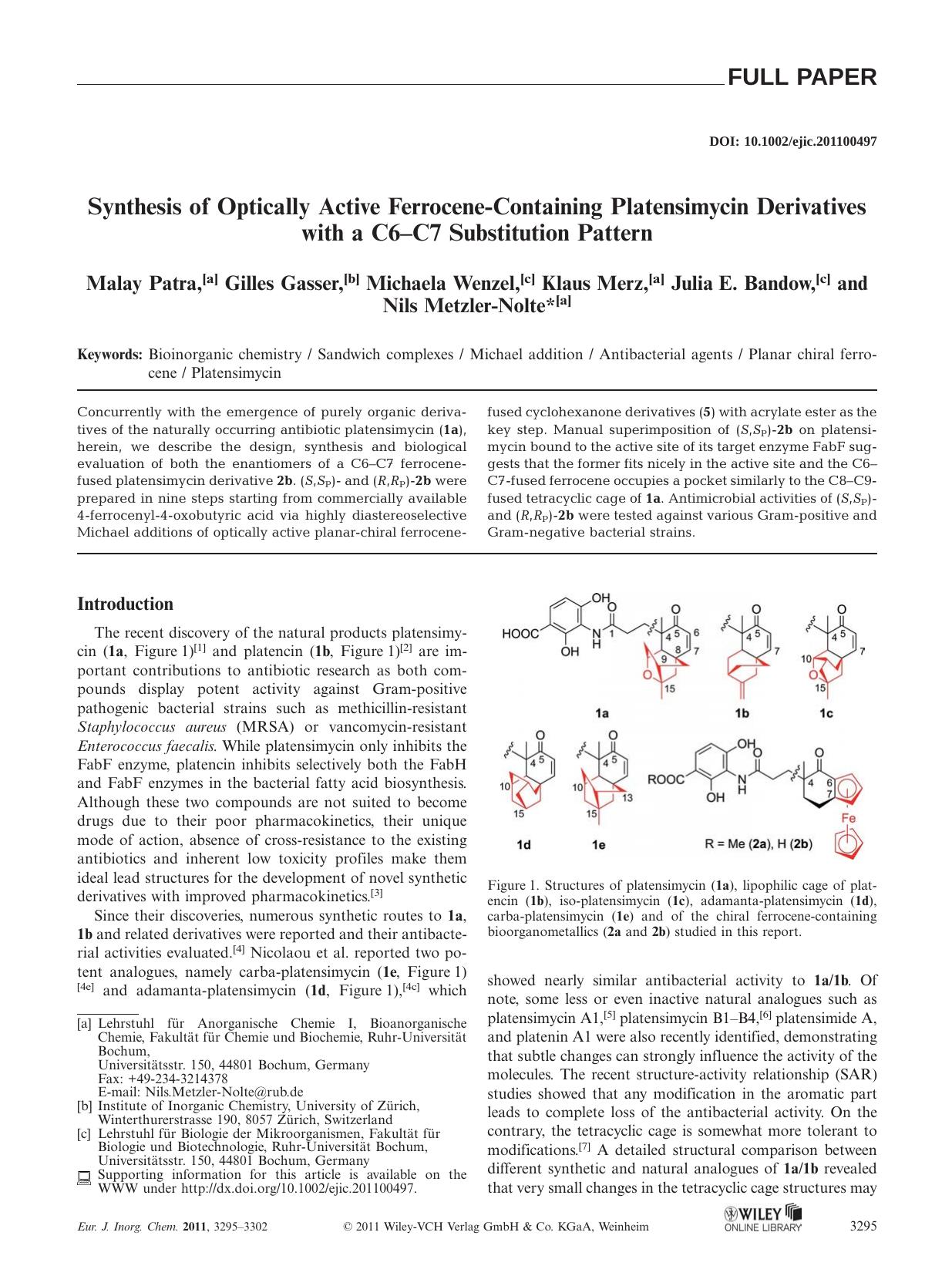 Synthesis of Optically Active FerroceneContaining Platensimycin Derivatives with a C6C7 Substitution Pattern by Unknown