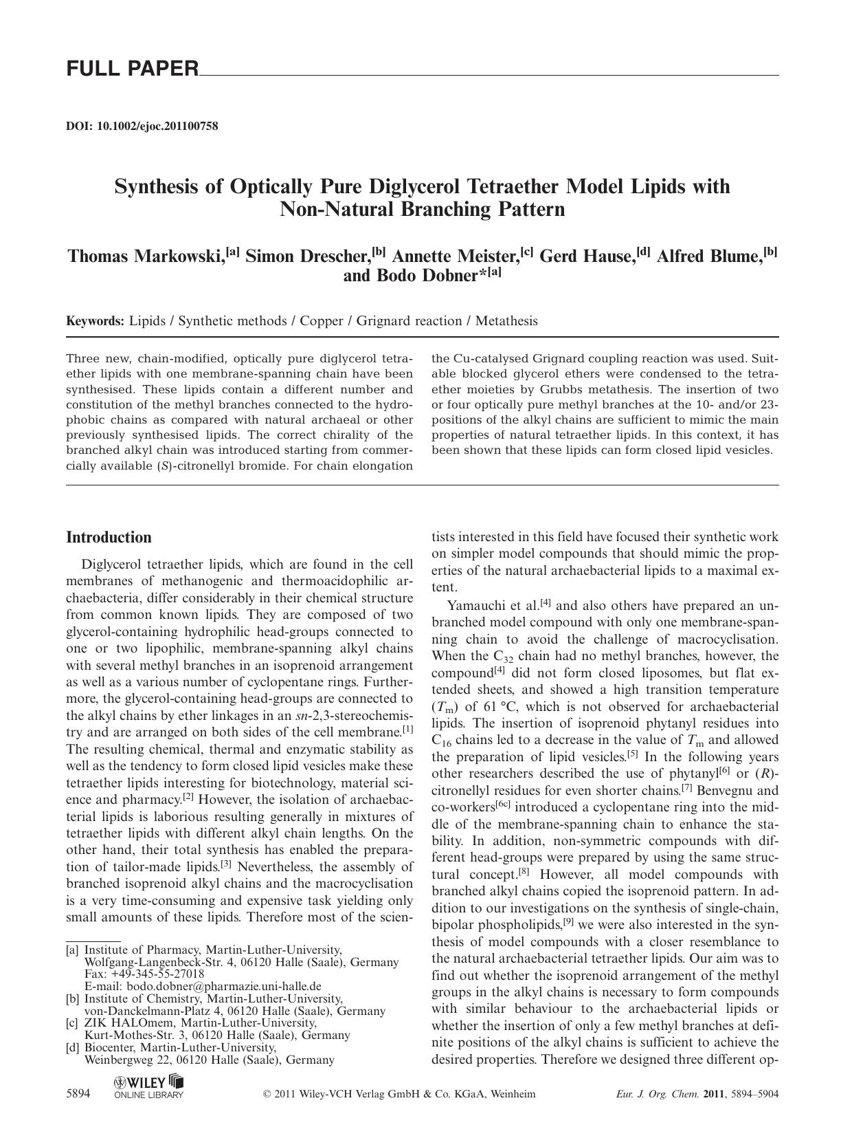 Synthesis of Optically Pure Diglycerol Tetraether Model Lipids with NonNatural Branching Pattern by Unknown
