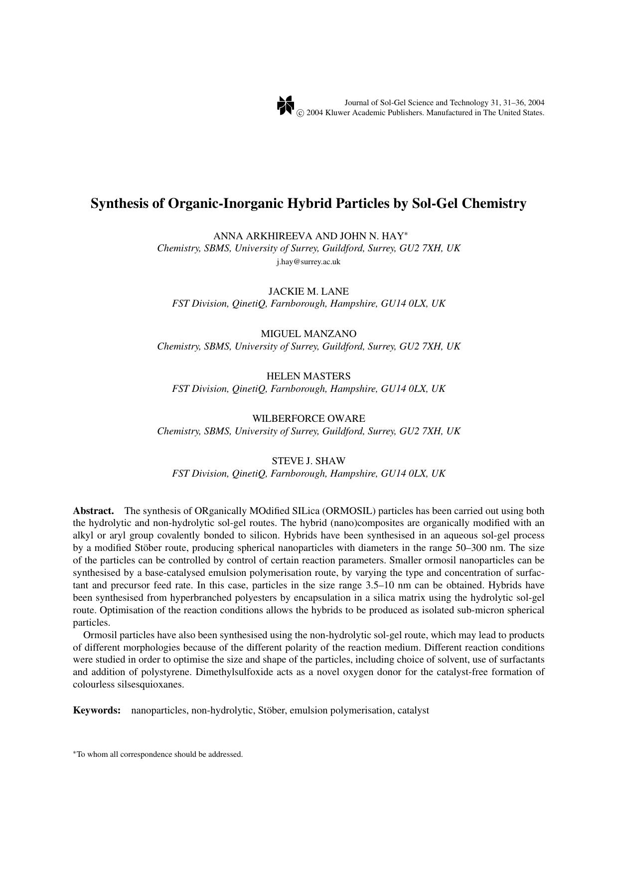 Synthesis of Organic-Inorganic Hybrid Particles by Sol-Gel Chemistry by Unknown