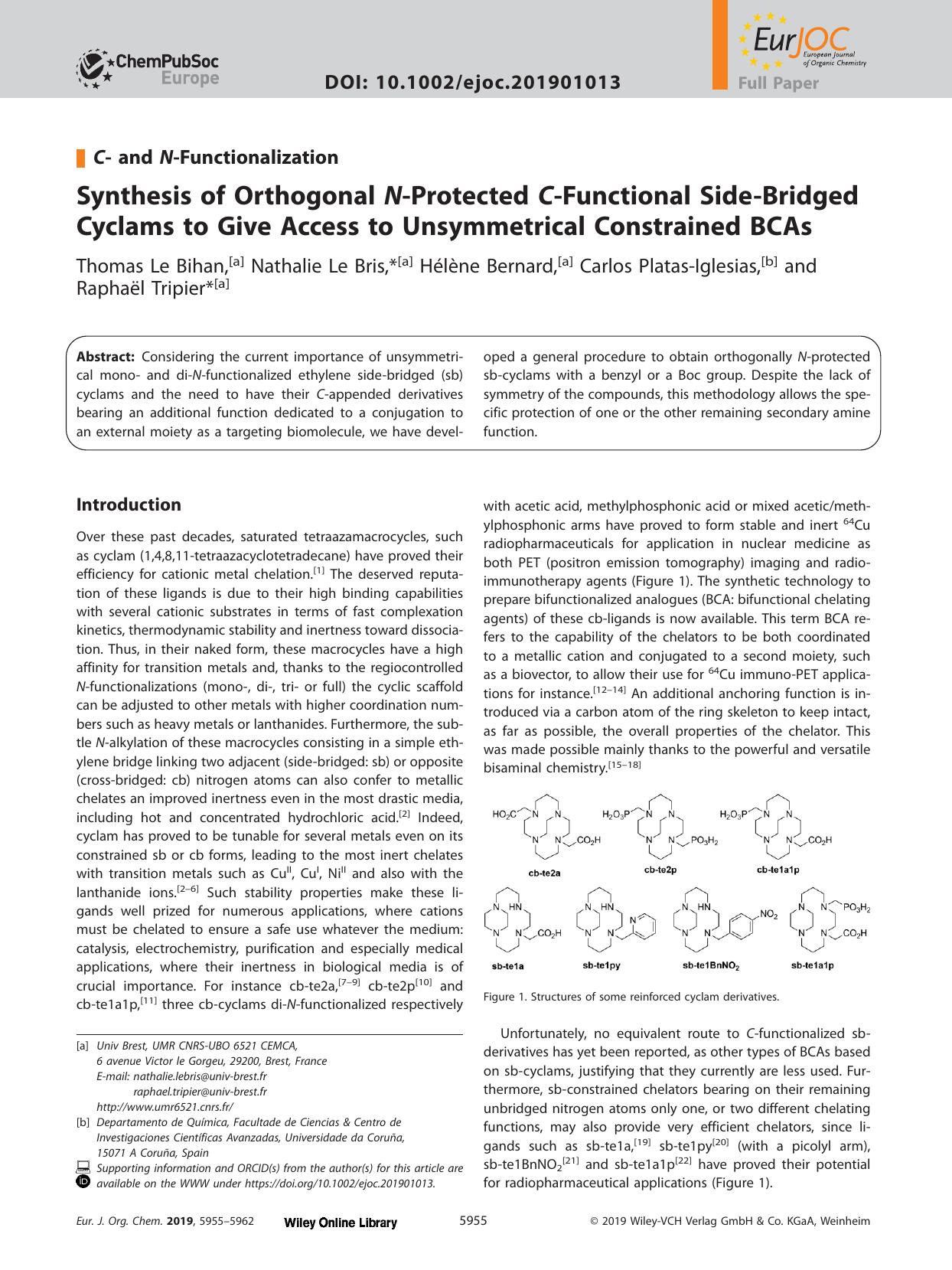 Synthesis of Orthogonal <i>N<i>&#x02010;Protected <i>C<i>&#x02010;Functional Side&#x02010;Bridged Cyclams to Give Access to Unsymmetrical Constrained BCAs by Unknown