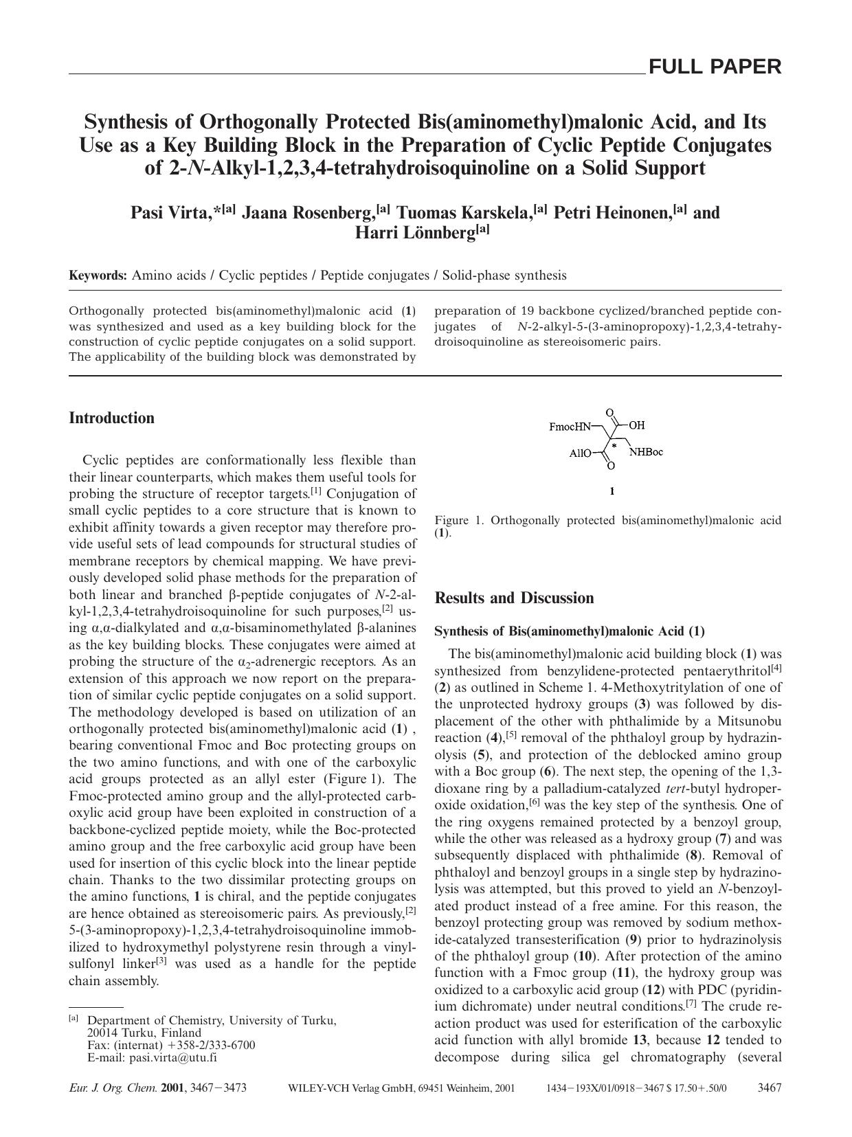 Synthesis of Orthogonally Protected Bis(aminomethyl)malonic Acid, and Its Use as a Key Building Block in the Preparation of Cyclic Peptide Conjugates of 2-N-Alkyl-1,2,3,4-tetrahydr by Unknown