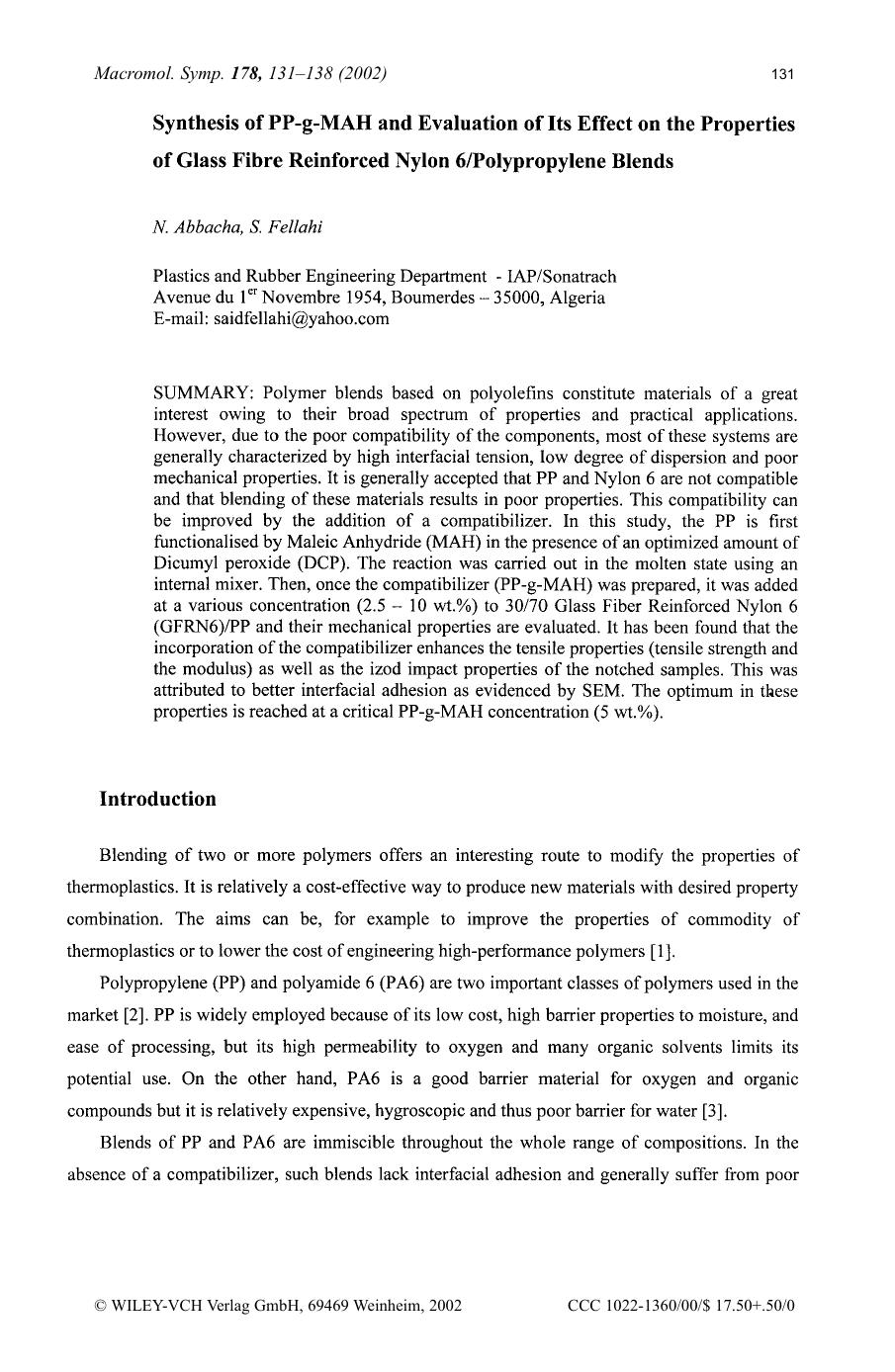 Synthesis of PP-g-MAH and evaluation of its effect on the properties of glass fibre reinforced nylon 6polypropylene blends by Unknown