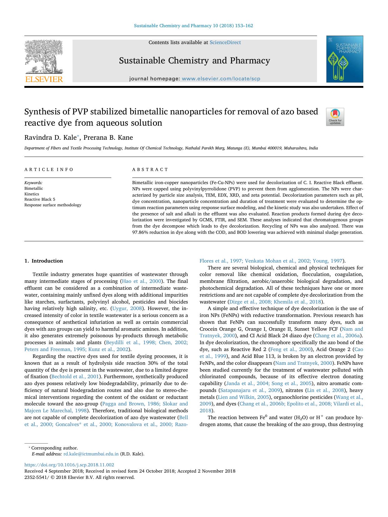 Synthesis of PVP stabilized bimetallic nanoparticles for removal of azo based reactive dye from aqueous solution by Ravindra D. Kale & Prerana B. Kane