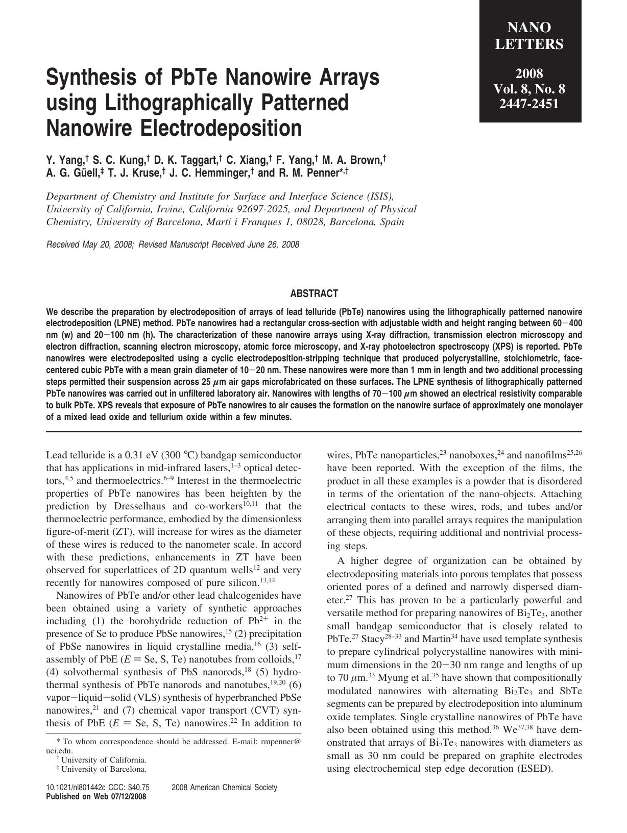 Synthesis of PbTe Nanowire Arrays using Lithographically Patterned Nanowire Electrodeposition by Unknown