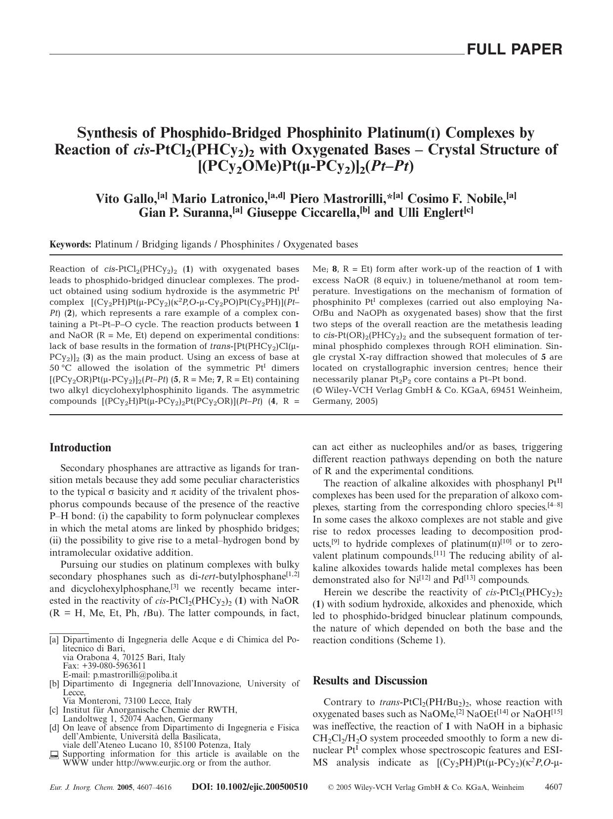 Synthesis of Phosphido-Bridged Phosphinito Platinum(I) Complexes by Reaction of cis-PtCl2(PHCy2)2 with Oxygenated Bases - Crystal Structure of [(PCy2OMe)Pt(Âµ-PCy2)]2(Pt-Pt) by Unknown