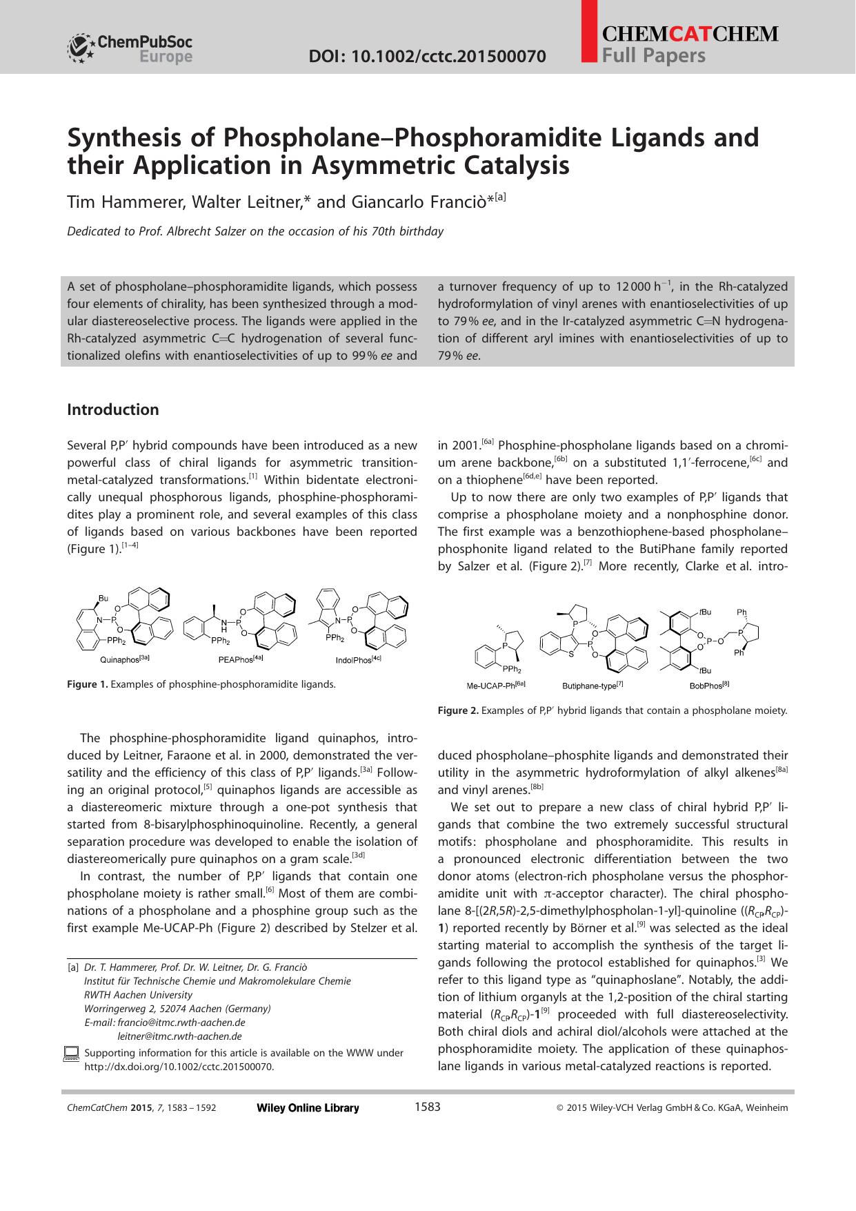Synthesis of PhospholanePhosphoramidite Ligands and their Application in Asymmetric Catalysis by Unknown