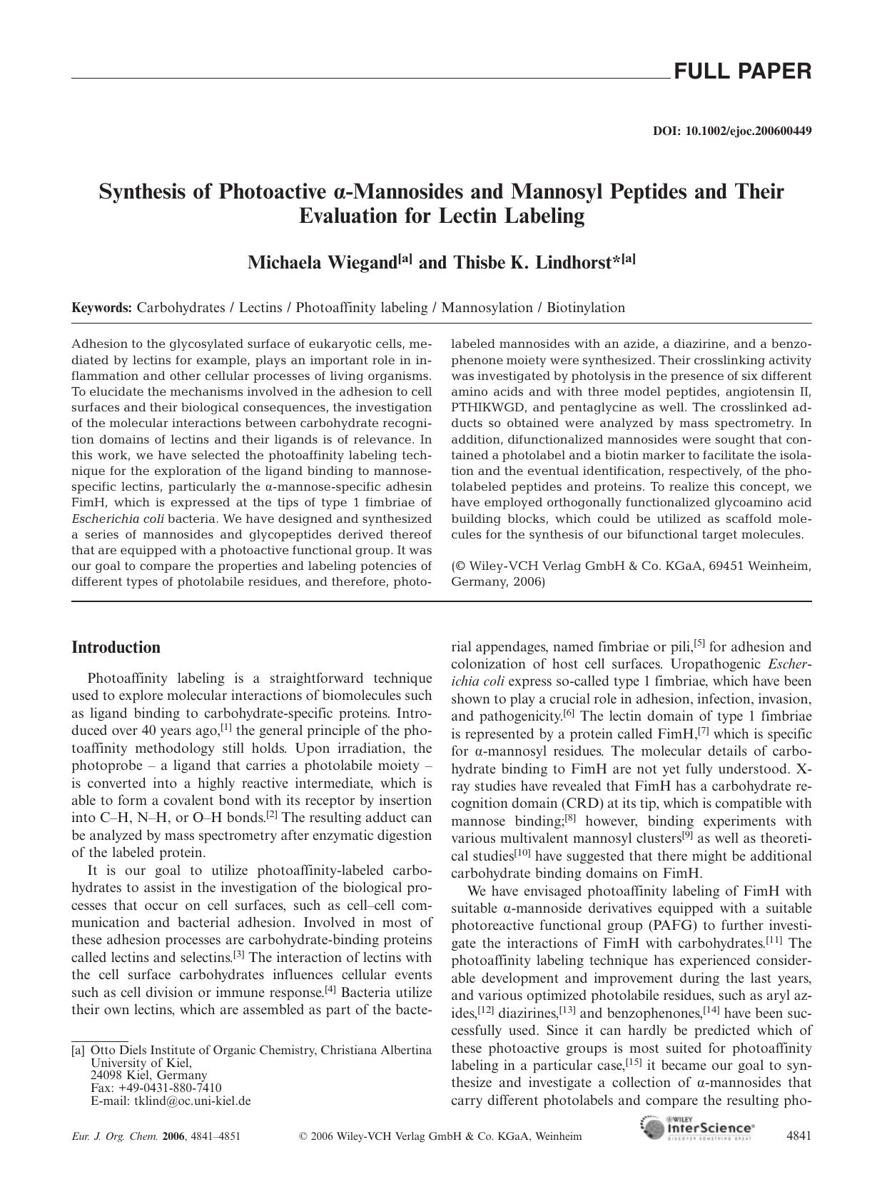 Synthesis of Photoactive [alpha]-Mannosides and Mannosyl Peptides and Their Evaluation for Lectin Labeling by Unknown